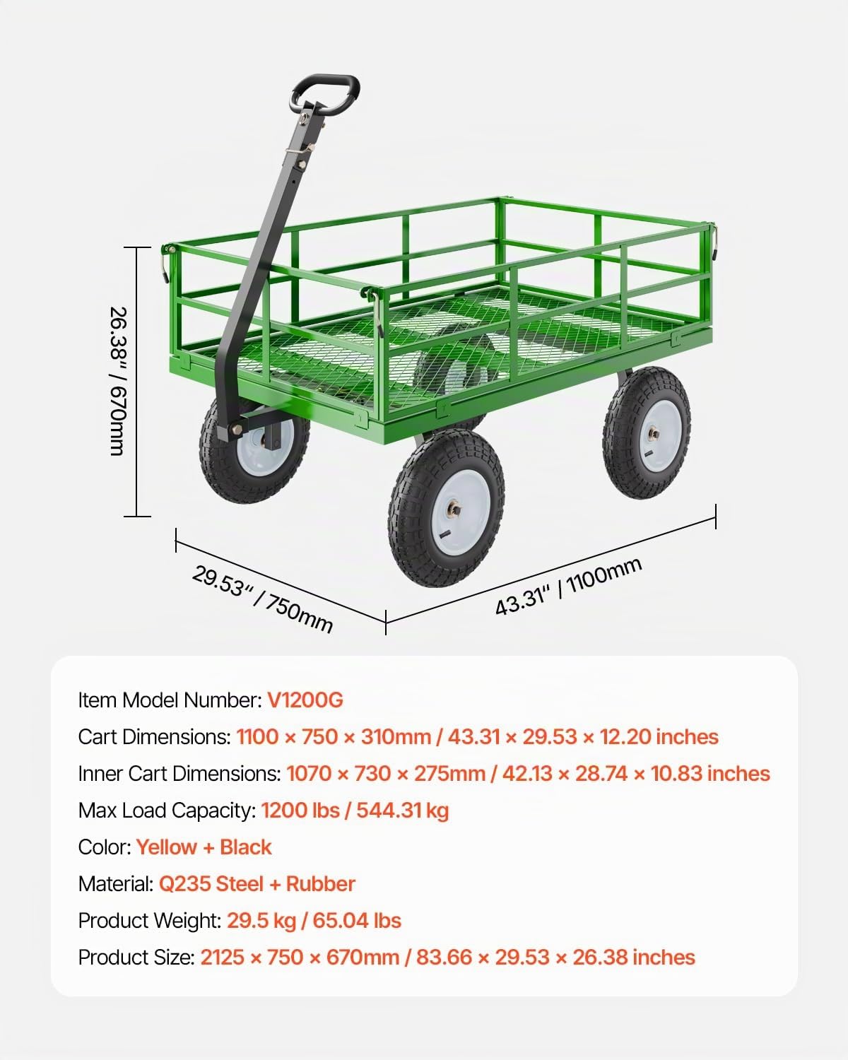 VEVOR 2 en 1 Carrito Resistente de Jardín de Acero de 2125 x 750 x 670 mm con Neumáticos Todoterreno de 13", Laterales de Malla Extraíbles y Manija Giratoria de 180°, Carga de 544,31 kg, Verde