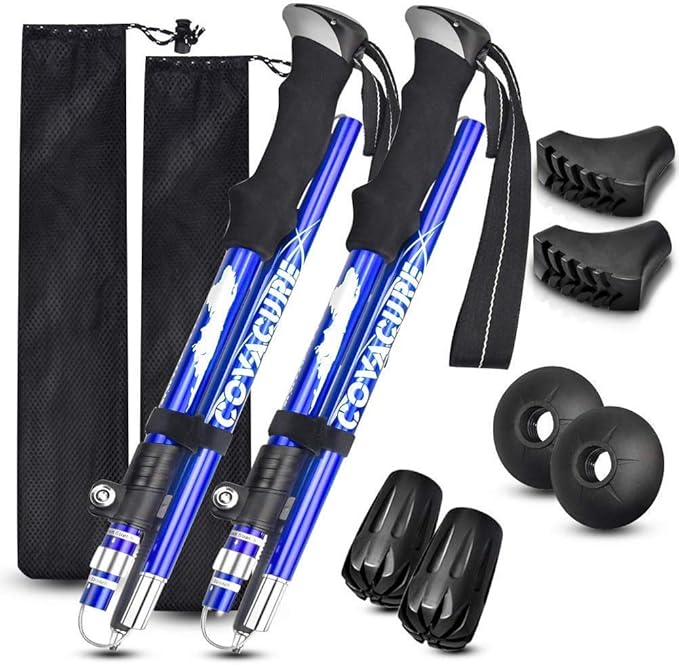 COVACURE Walking Poles - 2 Pack Lightweight Collapsible Walking Sticks for Hiking, Camping & Backpacking- 7075 Aluminum Foam Grip & Padded Strap
