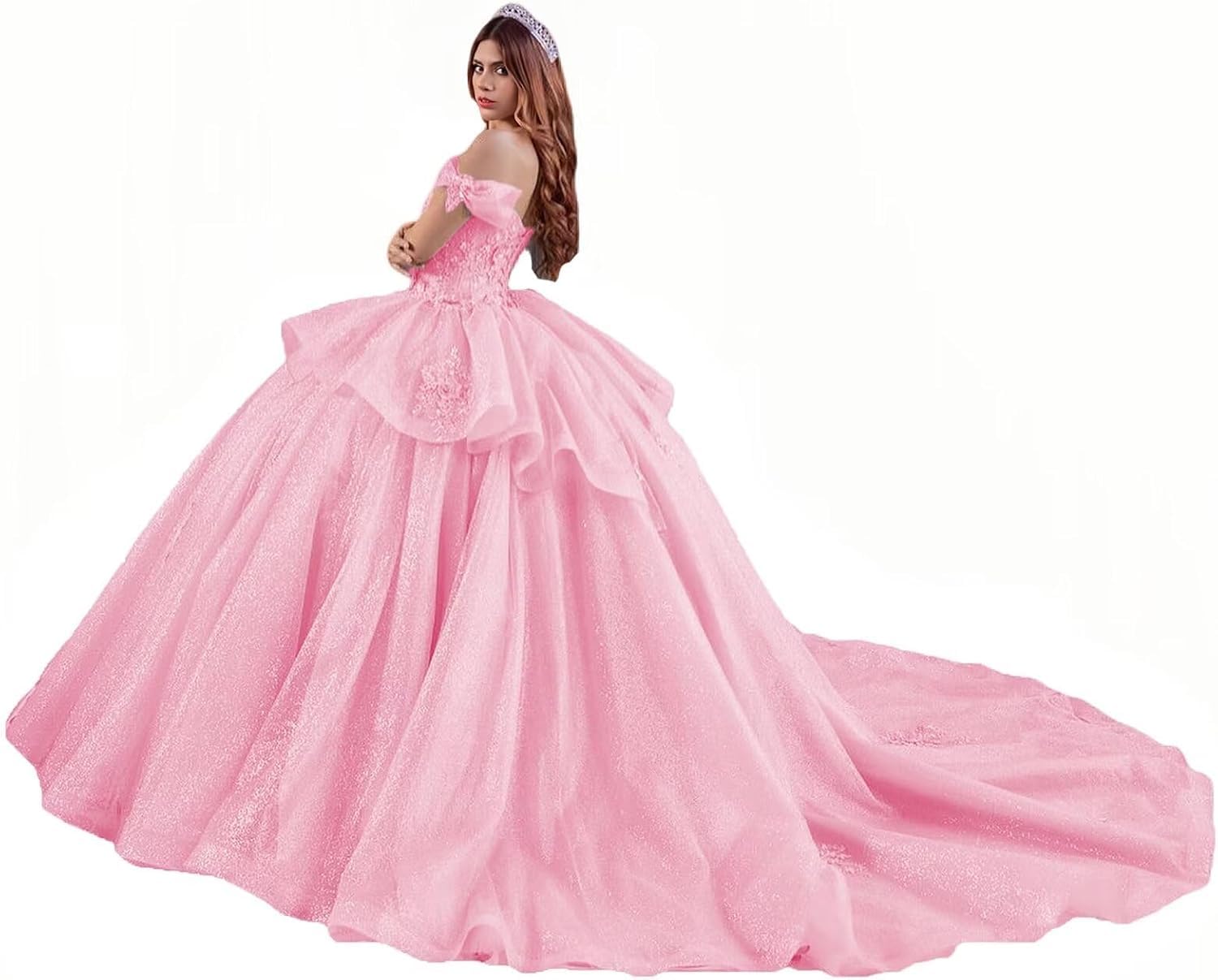 Yifanier Sparkly Tulle Quinceanera Dresses Sweet 16 Dresses with Train Puffy Princess Ball Gown MT015 Pink