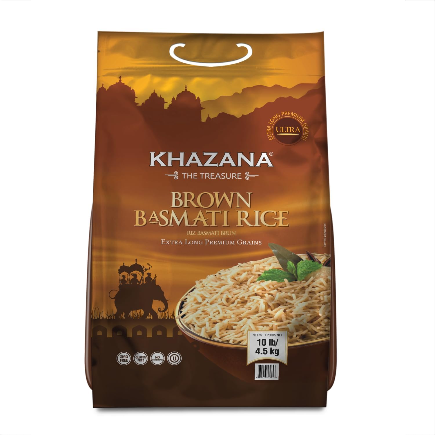 Authentic Brown Basmati Rice by Khazana in 10 lb Bag - Aromatic and Flavorful Indian Grain - Non-GMO, Gluten Free, Kosher, Cholesterol FreeUSDA Organic