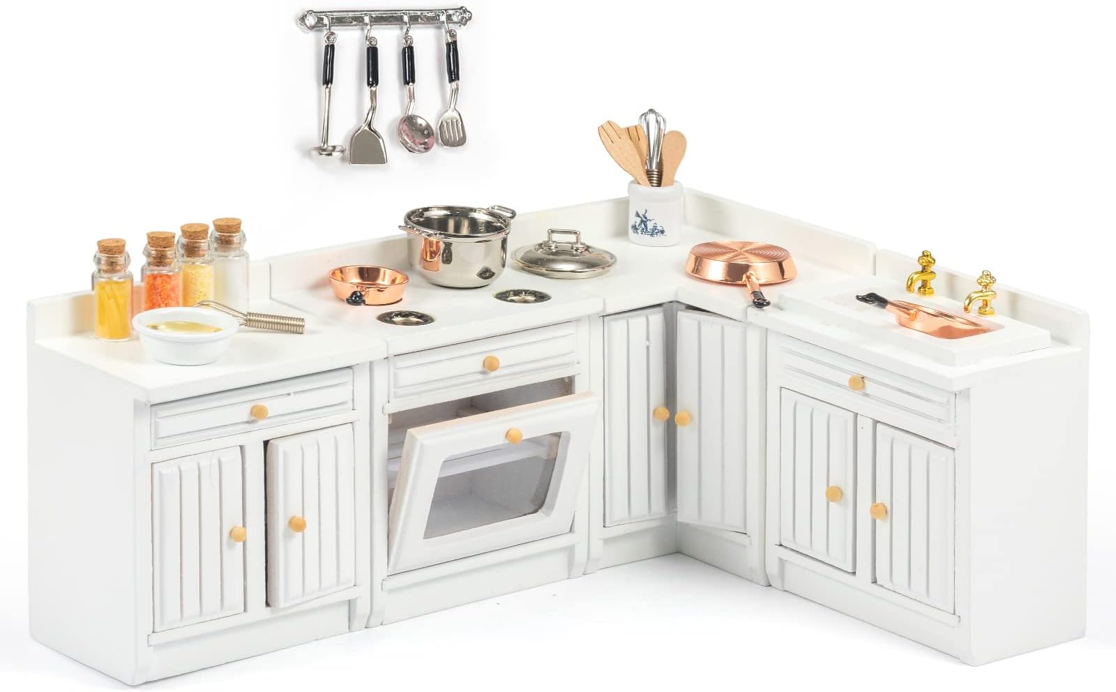 SAMCAMI Wooden Dollhouse Furniture Set - Miniature Furniture 1 12 Scale for Dollhouse Kitchen - Doll House Furniture Toys Incl Freely Combined Wooden Kitchen Cabinets and Other Dollhouse Accessories