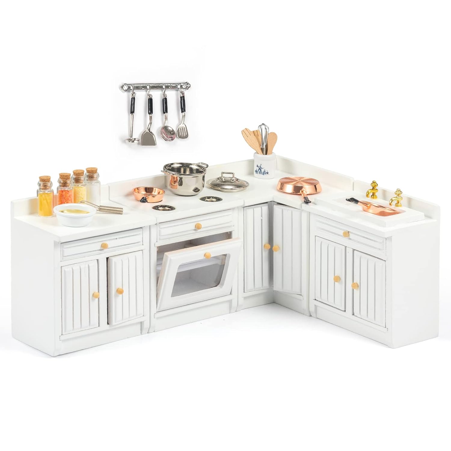SAMCAMI Wooden Dollhouse Furniture Set – Miniature Furniture 1 12 Scale for Dollhouse Kitchen – Doll House Furniture Toys Incl Freely Combined Wooden Kitchen Cabinets and Other Dollhouse Accessories