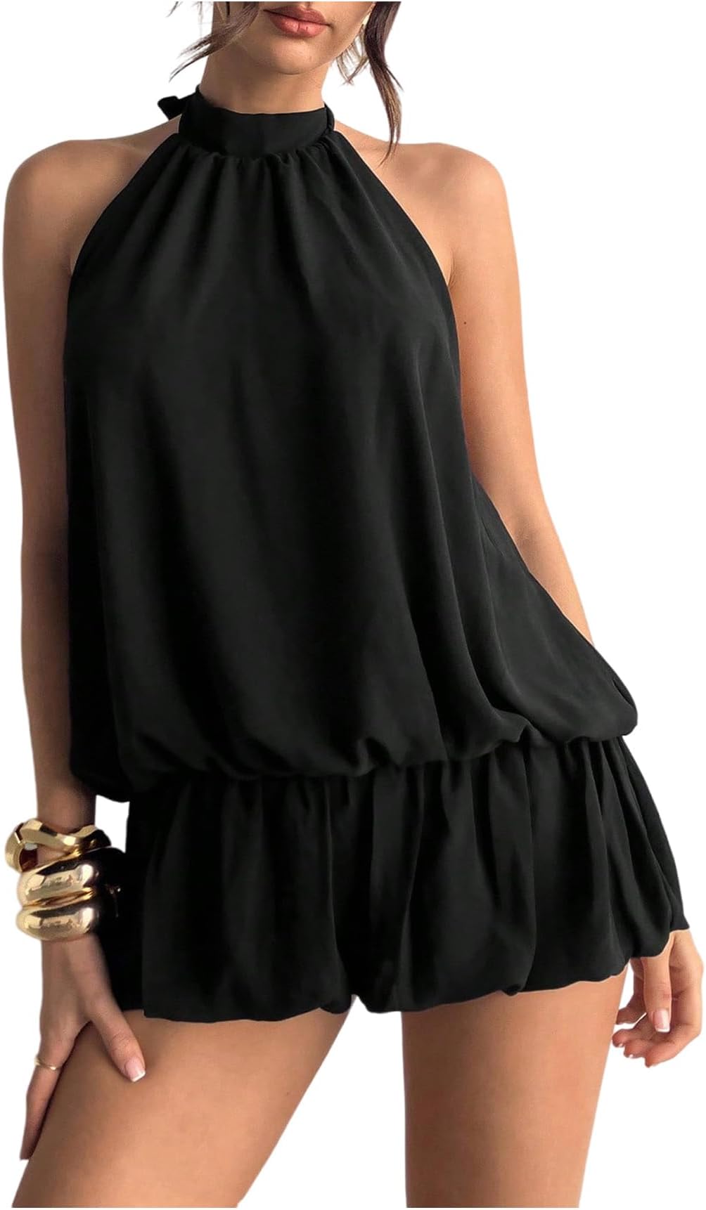 Women's Halter Neck Sleeveless Open Back Dresses A Line Flared Puffball Mini Dress Clubwear