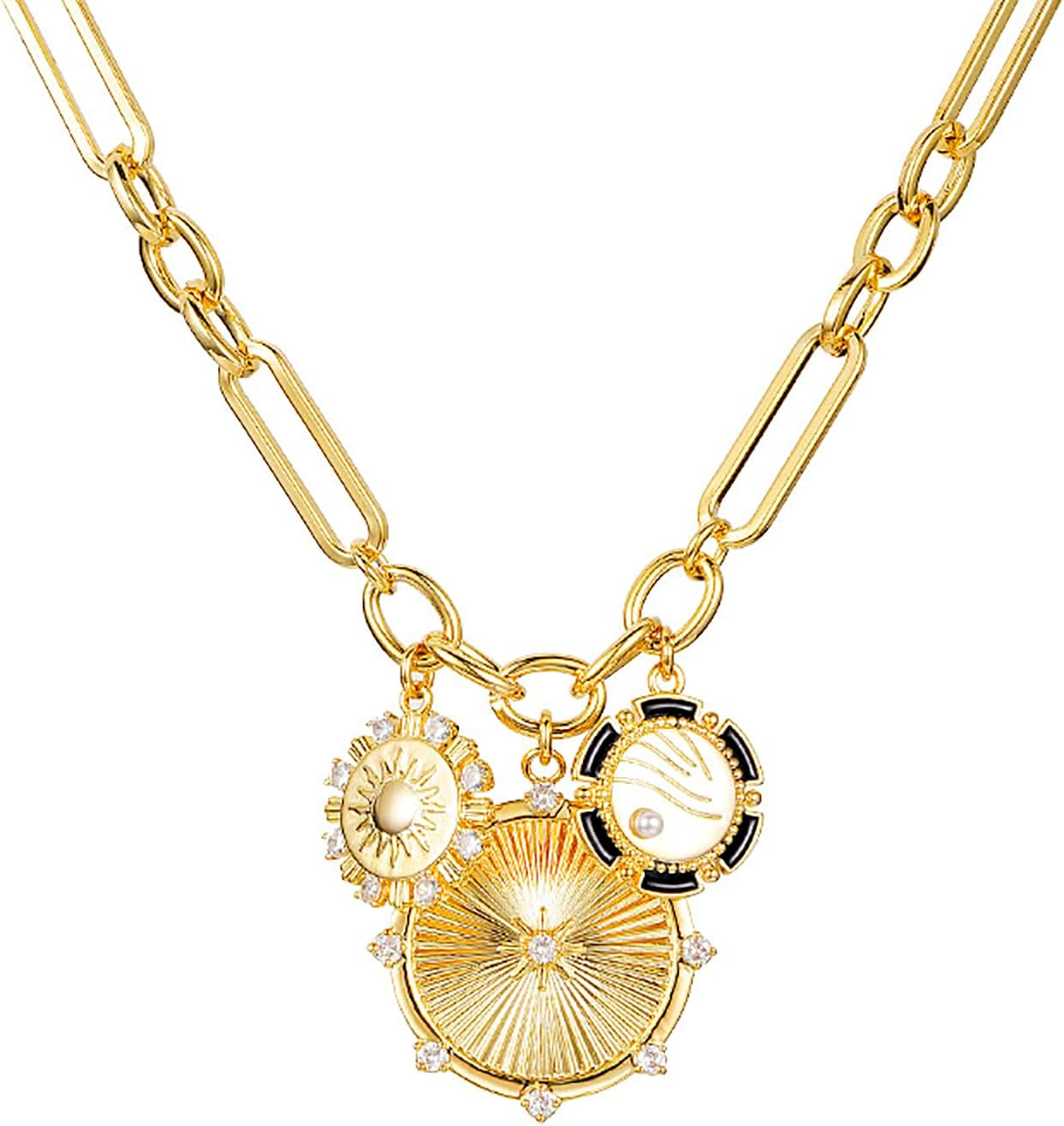 Sun Heart Charm Choker Necklace for Women Men,18k Gold Plated With Zircons Inlaid Pendants,Thick Chunky Paperclip Chain Hip Hop Necklace Unisex Jewelry,Cuban Link Chain for Women Trendy (Sun)