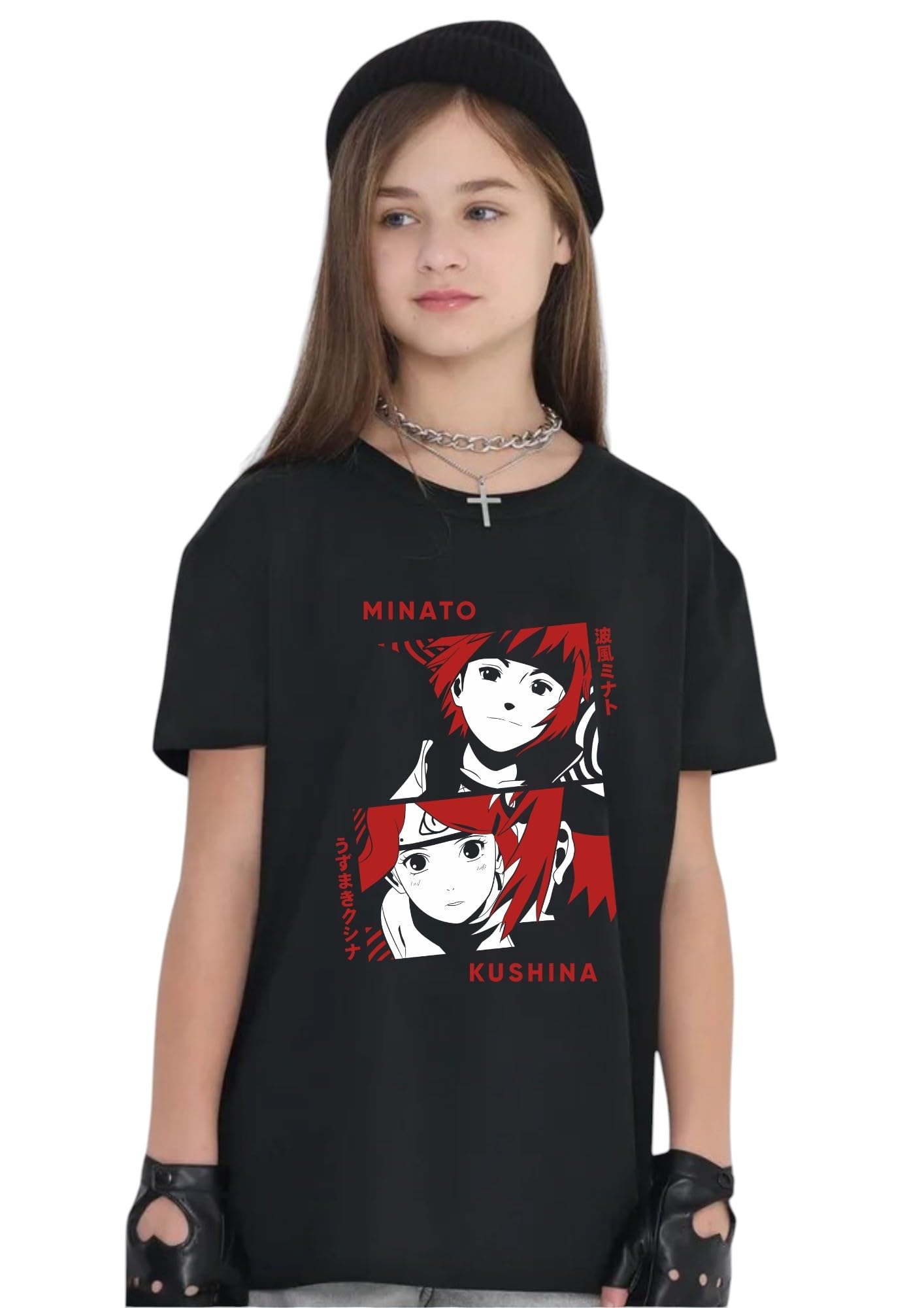 Uniplanet Store Camiseta negra de mezcla de algodón, media manga, ajuste regular, espalda anime, estampado Minato, color negro, negro, 7-8 a�os
