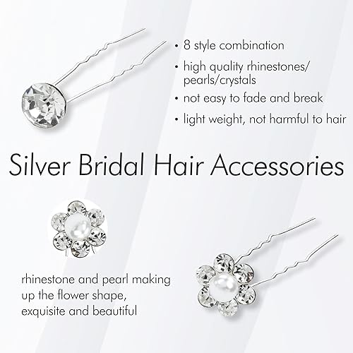 Miniatura 6 de inSowni Paquete de 128 horquillas de pelo en forma de U con diamantes de imitación de flor de perlas plateadas y diamantes de imitación para novias,