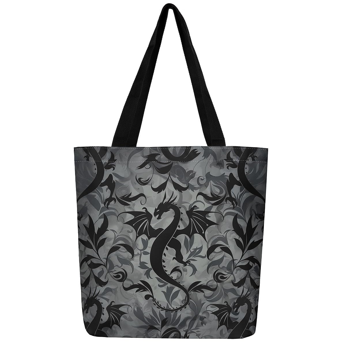 Loussiesd Dragon Canvas Tote Bags 50x40cm Western Middle Ages Large Capacity Shoulder Handbags Black Damask Travel Beach Bag Reusable Grocery Bag for Shopping Gym