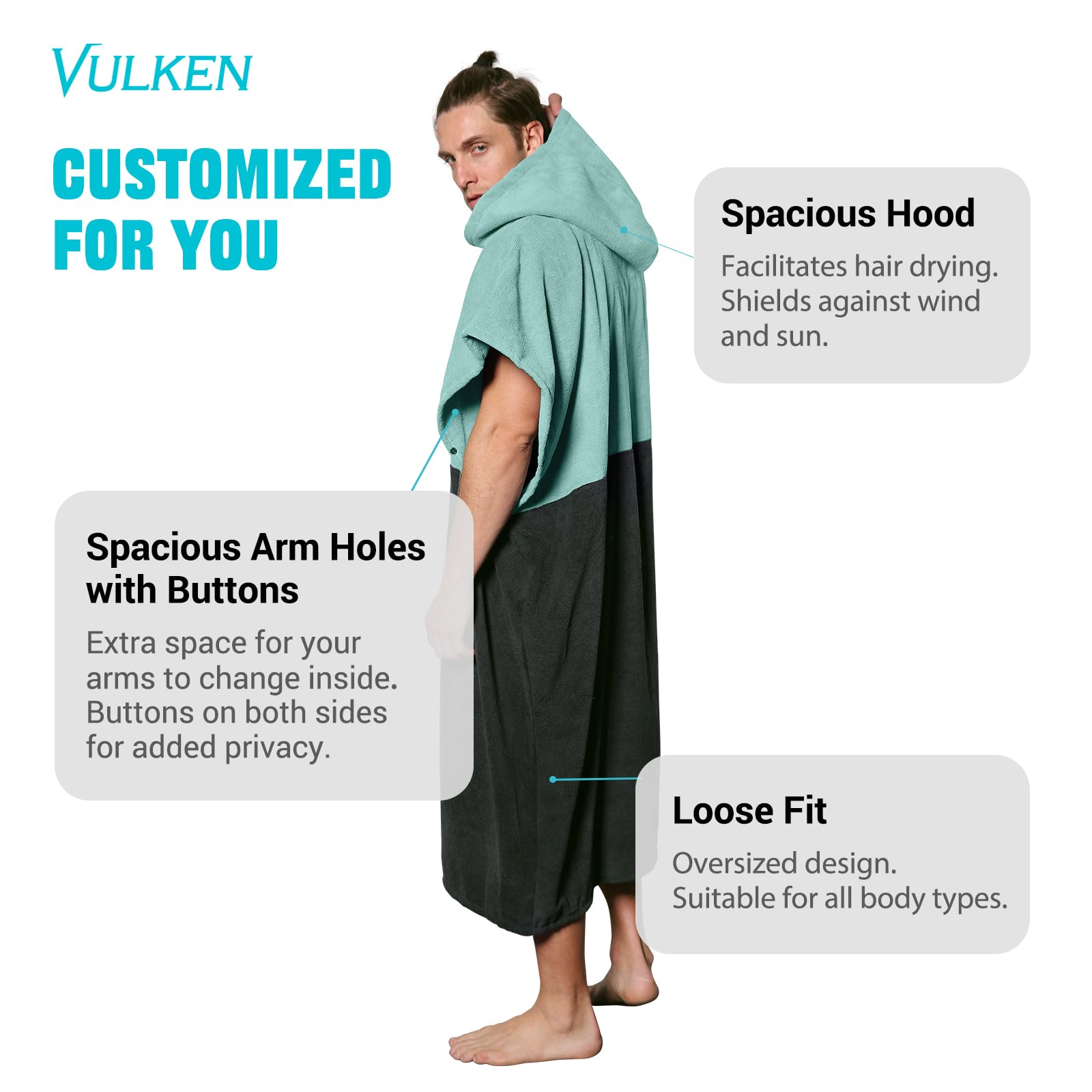 Vulken Bademantel mit Kapuze Surf Poncho zum Umziehen Public Men L/XL Large Petrol