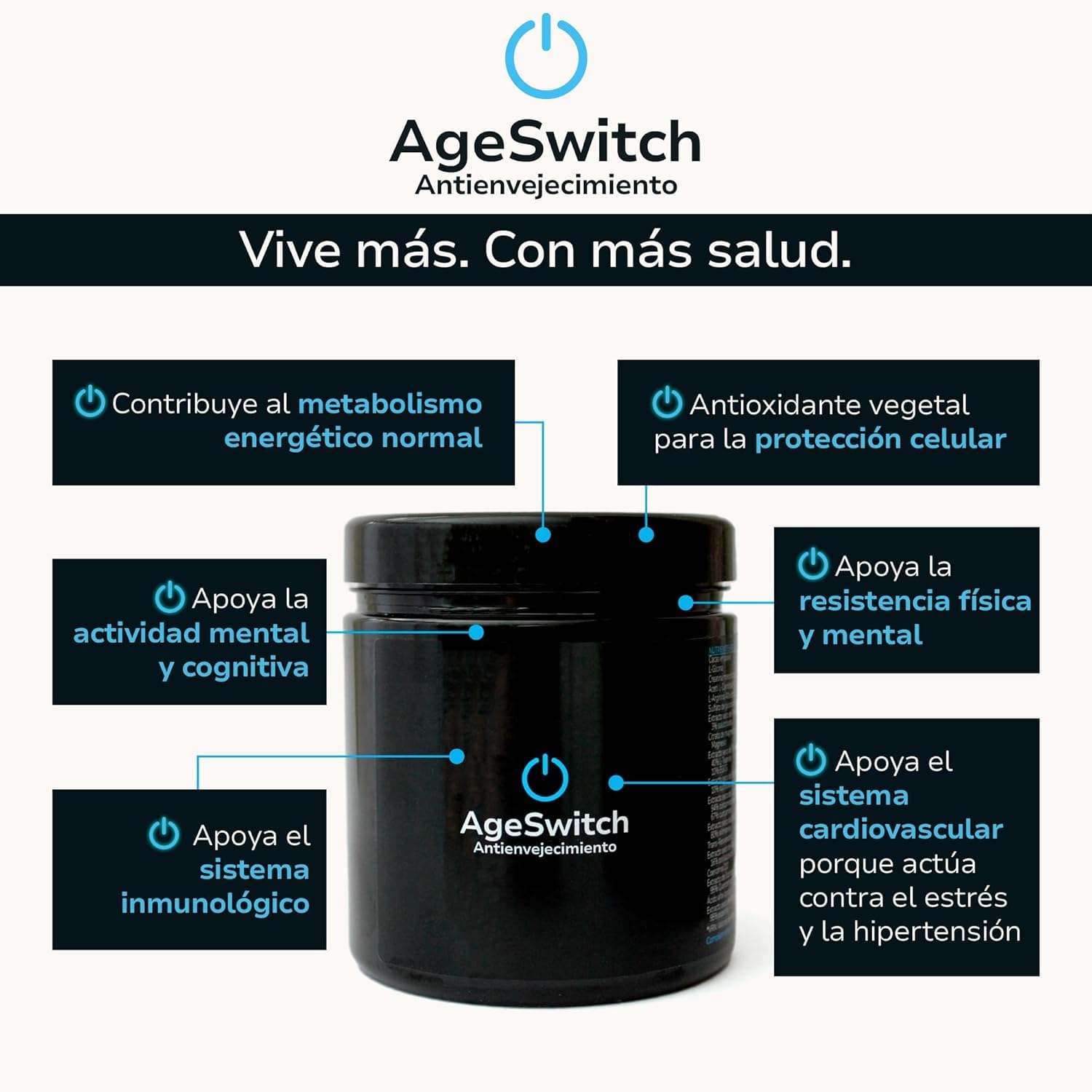 AgeSwitch Antienvejecimiento: Complemento Nutricional Premium, Protección Celular, Energía y Rendimiento Físico y Mental, Antioxidante Vegetal (Actiage: Vive más con más salud)
