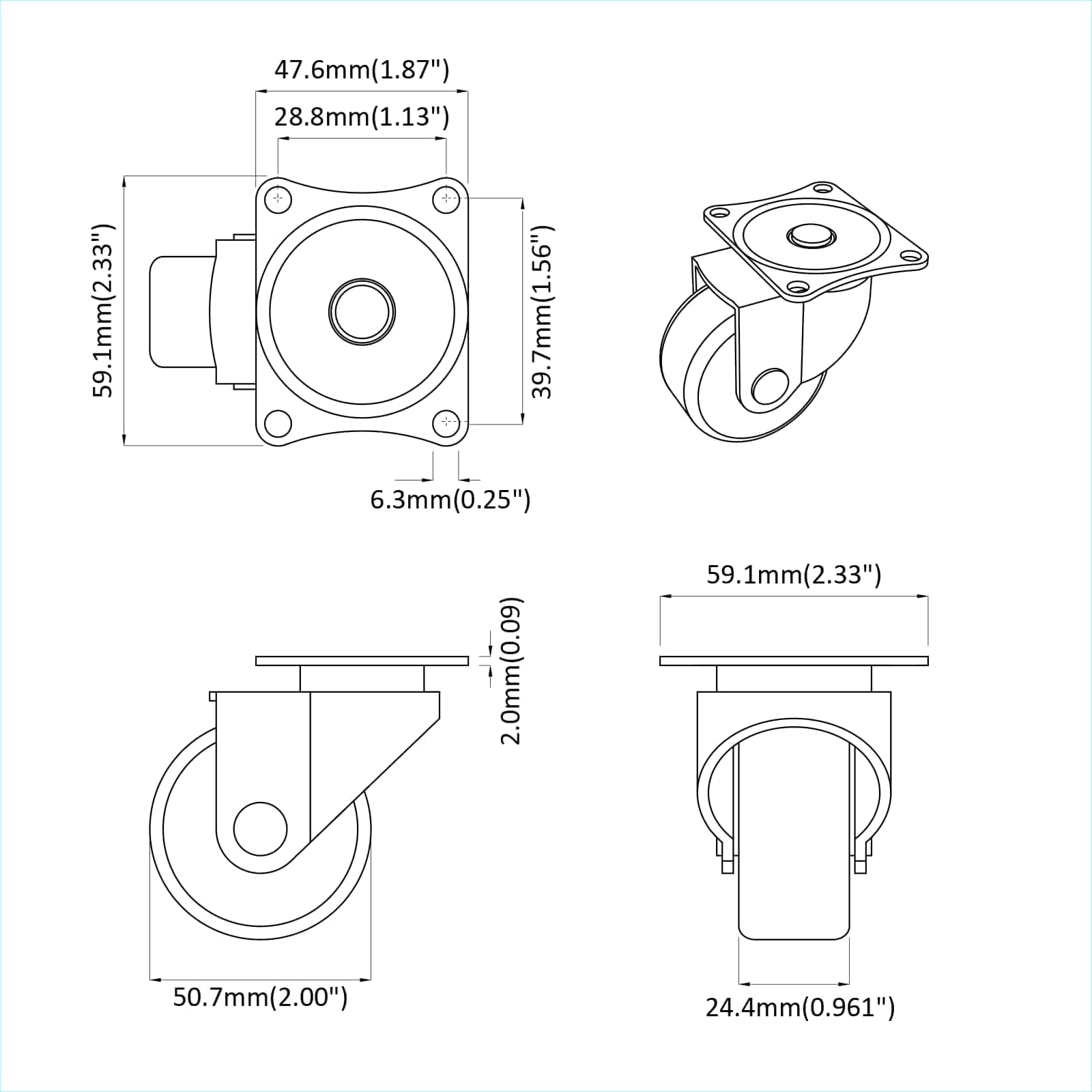 Drehrolle 12 Stück Silber 60 x 60 x 50 mm Eisen Nylon Lenkrolle Möbelrolle Transportrolle Bodenschonend Leise für Werkstattwagen und Schrankwagen