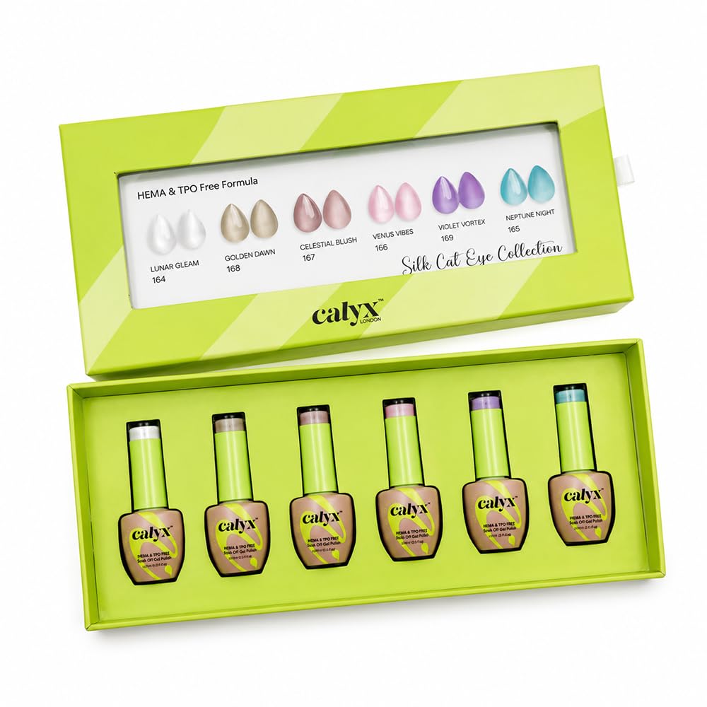 Silk Cat-Eye Gel Nail Polish Set, 6 Colours Magnetic Cat-Eye Gel Polish Kit, HEMA & TPO Free, Long Lasting Soak Off UV LED Gel Polish, 9ml x 6
