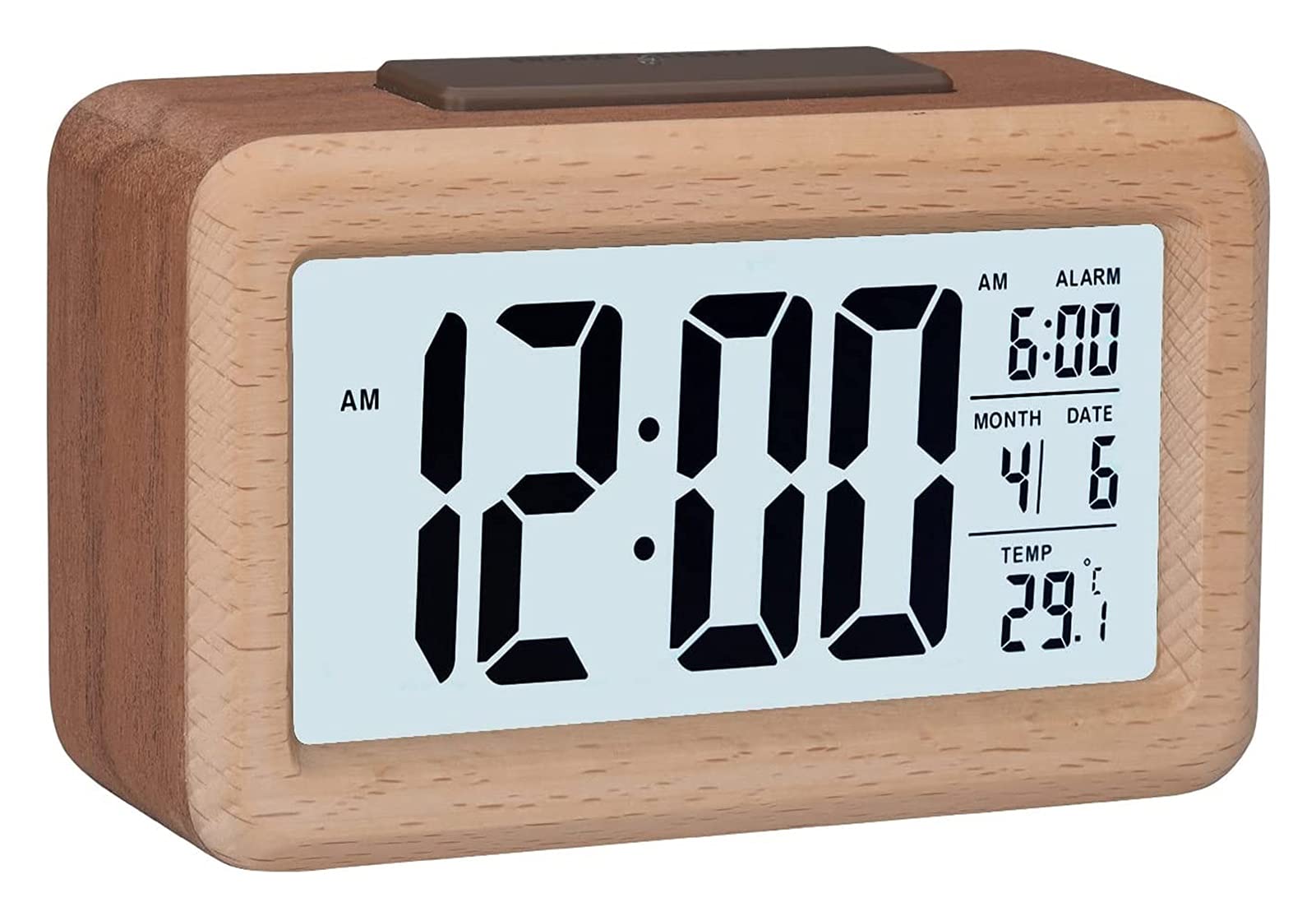 WTL Despertador Reloj de alarma digital de madera, grande DIRIGIÓ Mostrar reloj de alarma de grano de madera, sensor inteligente Luz de noche, snooze y temperatura, Operado por batería, Reloj desperta