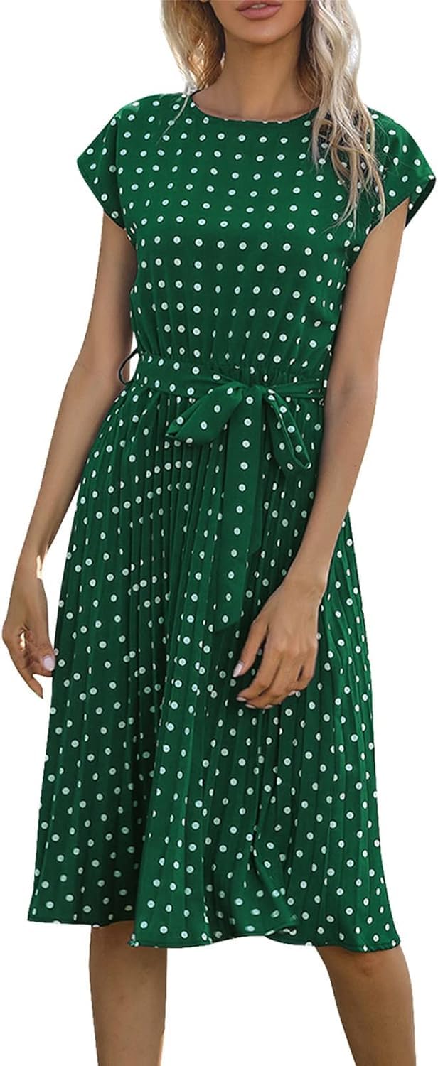 Ljyyr Women's Green Polka Dot Midi Dress - Casual Short Sleeves Round Neck A Line Pleated Dress Belted Ruffle Babydoll Boho Sundress (S,)