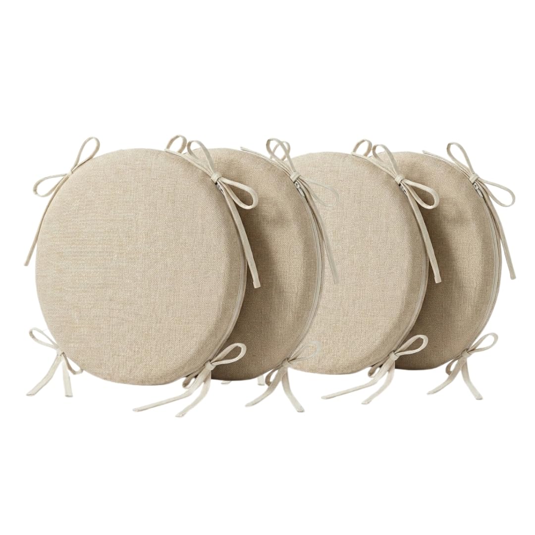 PIND Cojines Redondos para Silla 30x30x3cm - Relleno de Espuma Confort - Funda con Cremallera Lavable - 4 Lazos de Sujeción - Ideal para Cocina, Jardín y Taburetes. (4, Lino)