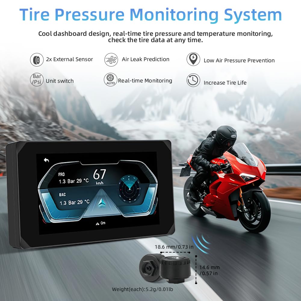 VSYSTO Schermo per moto, CarPlay e Android Auto Senza Fili, 5'' Schermo Carplay Moto con Doppia telecamera 1080P, Impermeabile IP65 Touchscreen con Navigation GPS, Bluetooth, Siri/Assistant, TPMS