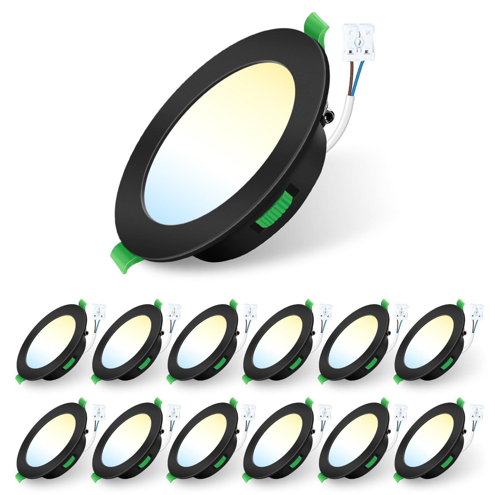 ALUSSO 12 Pack LED Recessed Ceiling Lights Dimmable,7W 580LM 90-100mm Cutout Led Spot AC 220-240V,3CCT 3000K 4000K 6500K Adjustable,IP44 Suitable for Bathroom Living Room Kitchen,Round,Black