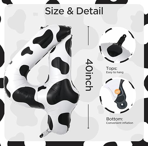 Miniatura 6 de Globo de cumpleaños número 4 con estampado de vaca, 40 pulgadas, papel de aluminio de Mylar blanco y negro para decoración de fiesta de vaquera con