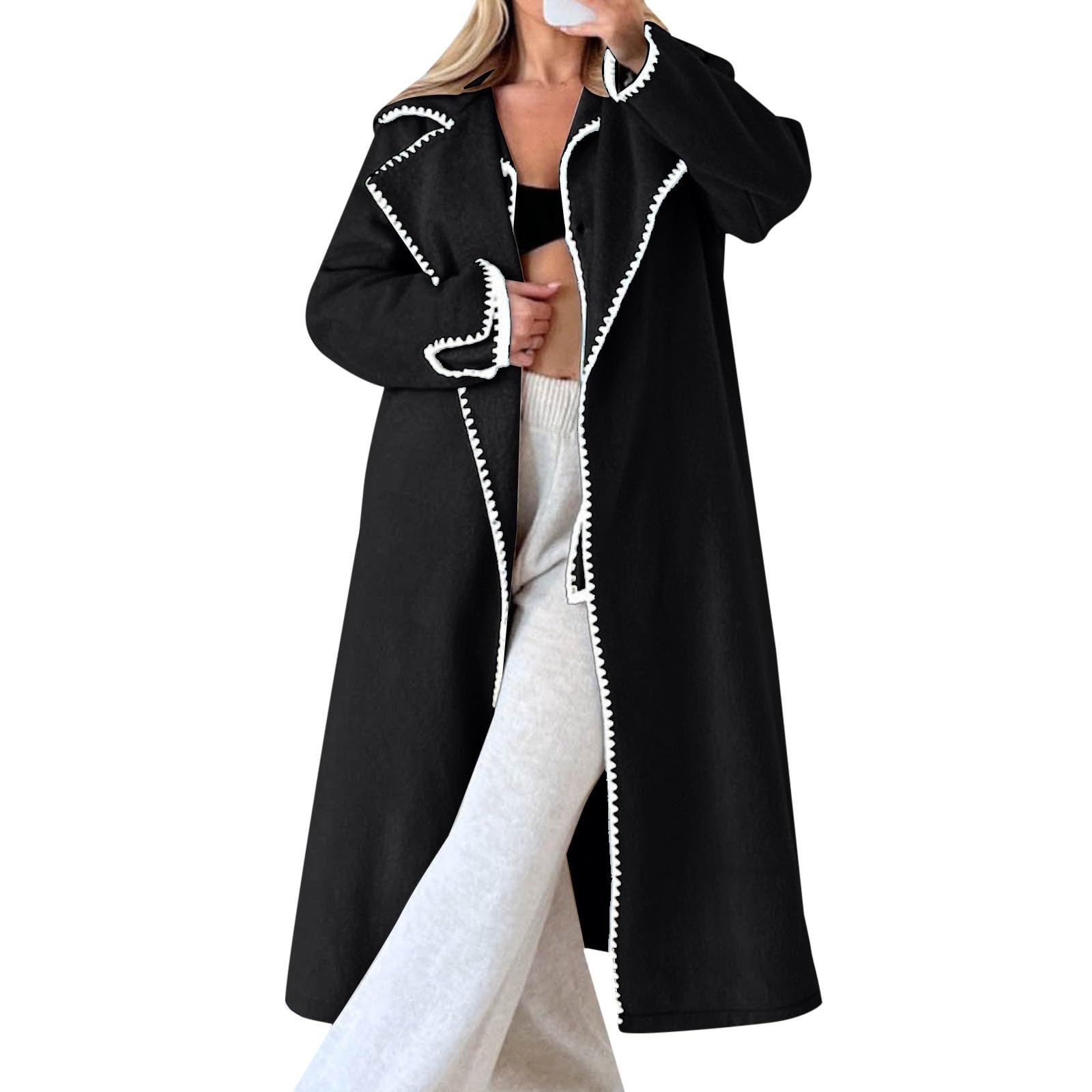 Damen Trenchcoat Lässiger Bequemer Warmer Tweed Mantel Langes Revers Mantel Casual Büro Overcoat Winter Outerwear Herbst Winter Strickjacke Elegante Lang Langarm Cardigan mit Taschen