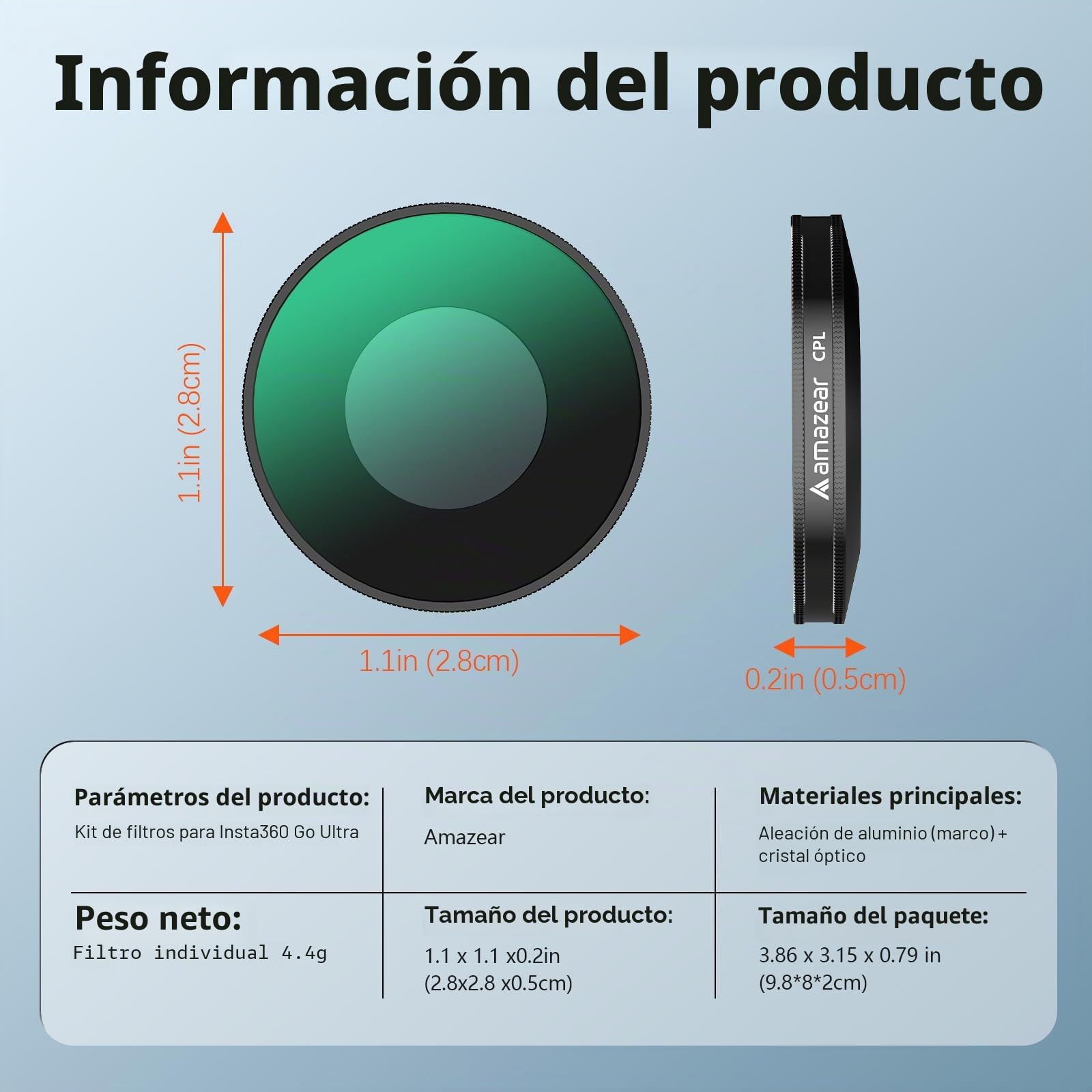 AMAZEAR ND & CPL - Juego de filtros para Insta360 Go Ultra, Insta 360 Go Ultra Accesorios - ND8+ND16+ND32+CPL - Juego de 4 filtros de lente | Cristal óptico | HD | Repelente al aceite | Fácil de