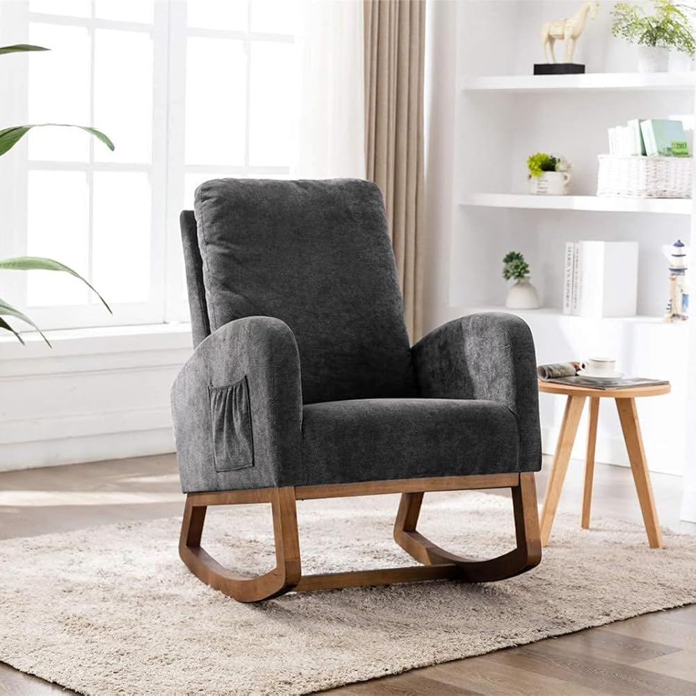 Shally Dogan Poltrona a Dondolo in Tessuto con Struttura in Legno Resistente, Sedia Ergonomica Relax Deluxe Premium Dondolante Ideale Soggiorno, Camera da Letto, Ufficio, Cameretta, Salotto (Grigio)