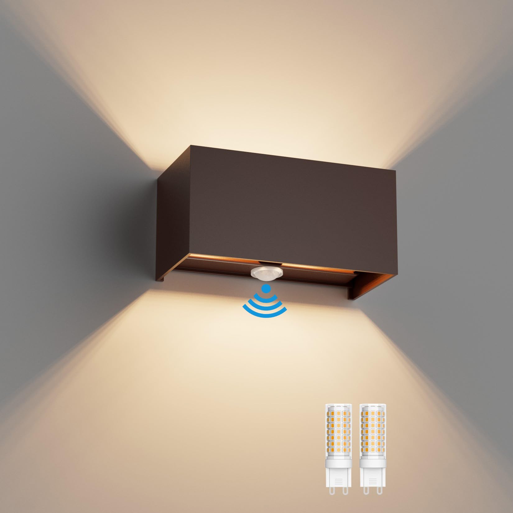 Klighten 1PCS 18W Aplique Pared Con Sensor de Movimiento, IP54 Apliques Con G9 LED Bombillas Reemplazables, 3000K Lampara de pared Interior/Exterior Ángulo ajustable Lámpara Pared, Bronce