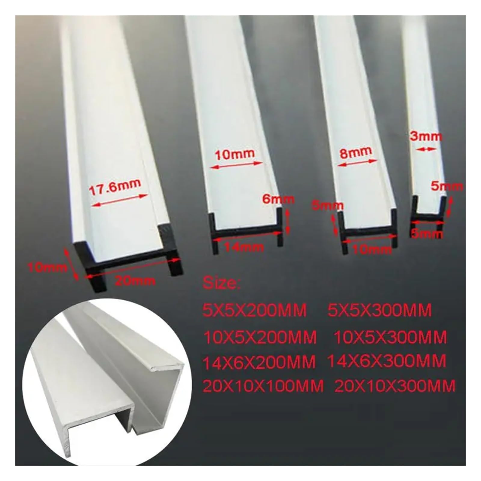 Perfil en U aluminio Tira de borde aluminio en forma U, con revestimiento vidrio, aleación, 5 mm, 10 y 20 ancho 100 a 400 largo(10X5X300MM,1pcs)