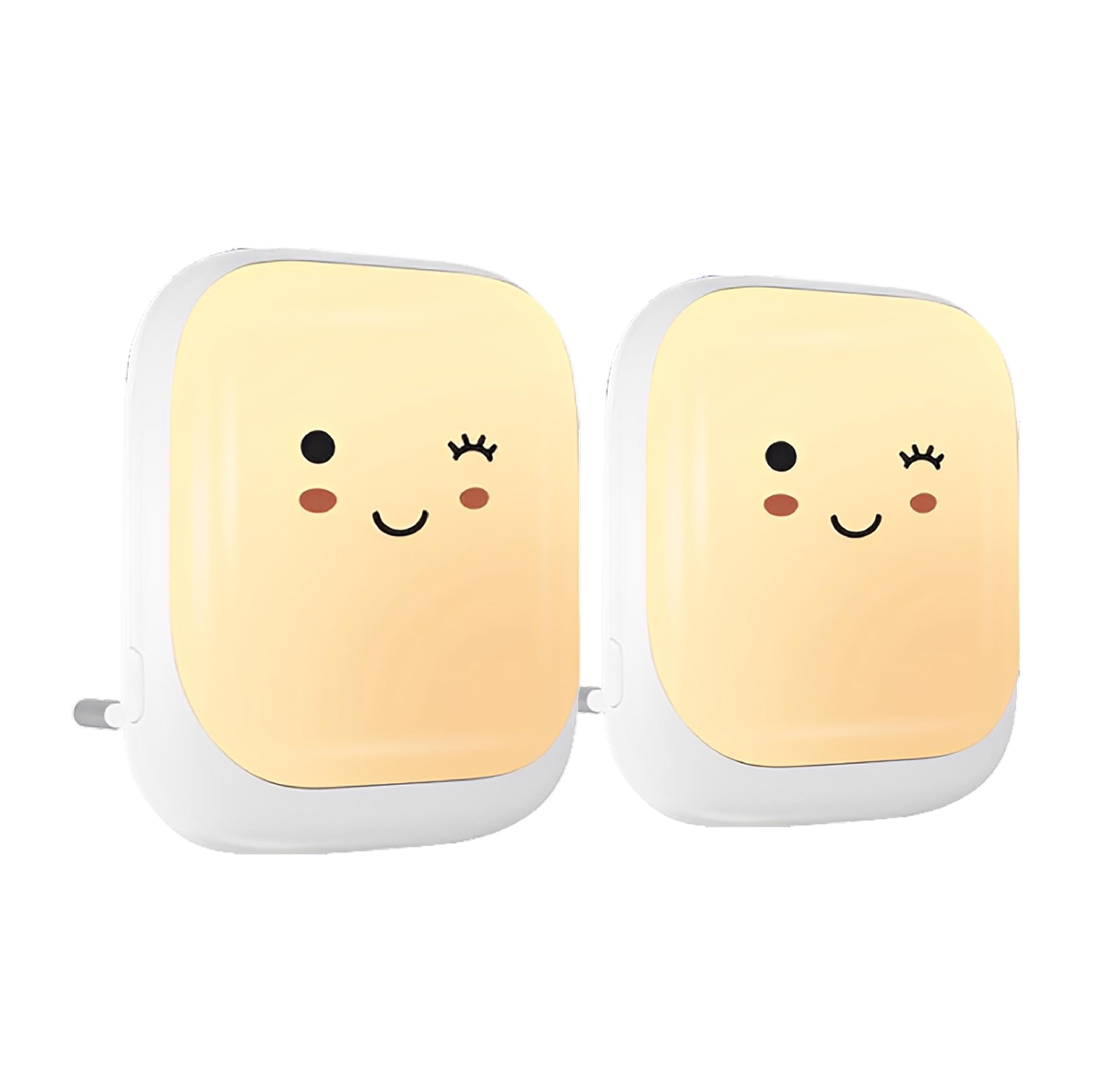 Image showing two Numsy Lux night lights with different face stickers, surrounded by icons and text describing features like automatic mode, soft warm light, plug & play, money saving, 5 dimming levels, child-friendly, and space-saving design.