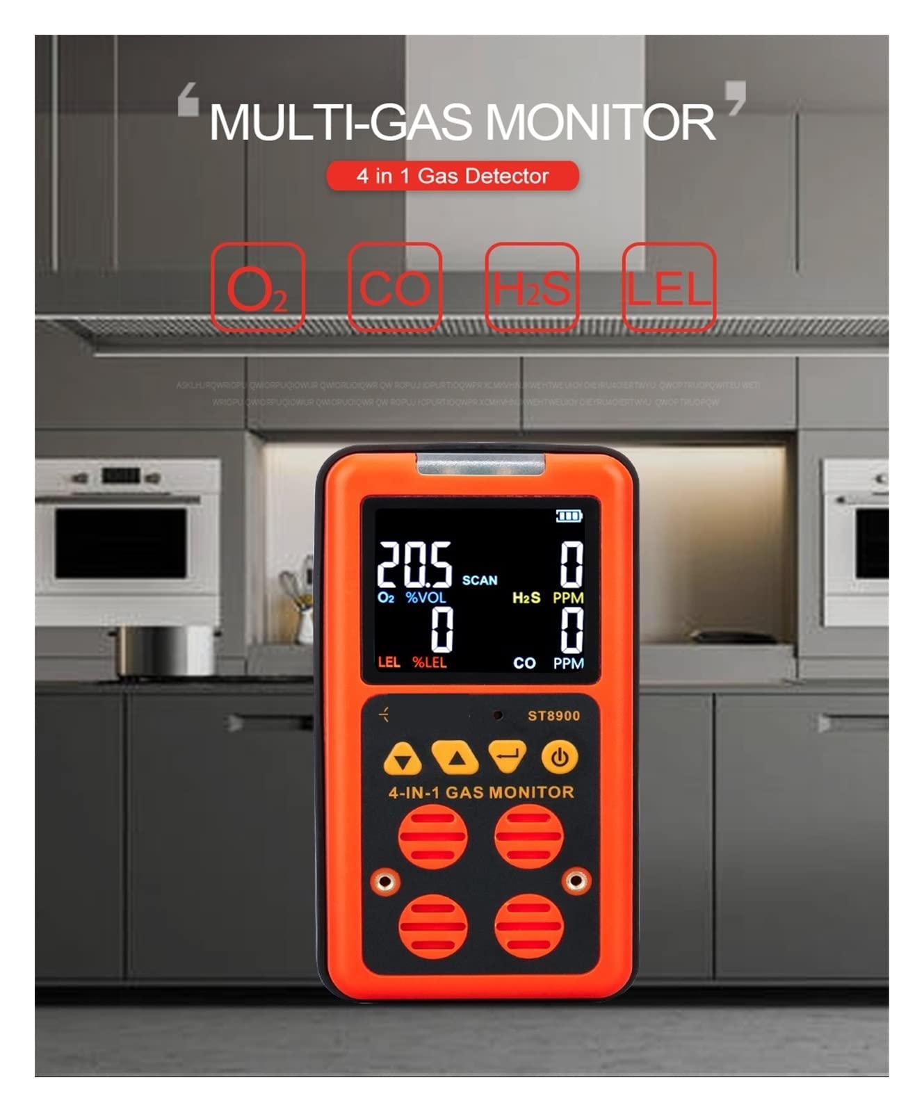 Detector de Gas, Detector de Gases múltiple 4 en 1, Monitor de Gases, oxíno, O2, sulfuro de hidróno, H2S, monóxido de Carbono, CO, Gas Combustible, medidor analizador de Gases LEL.