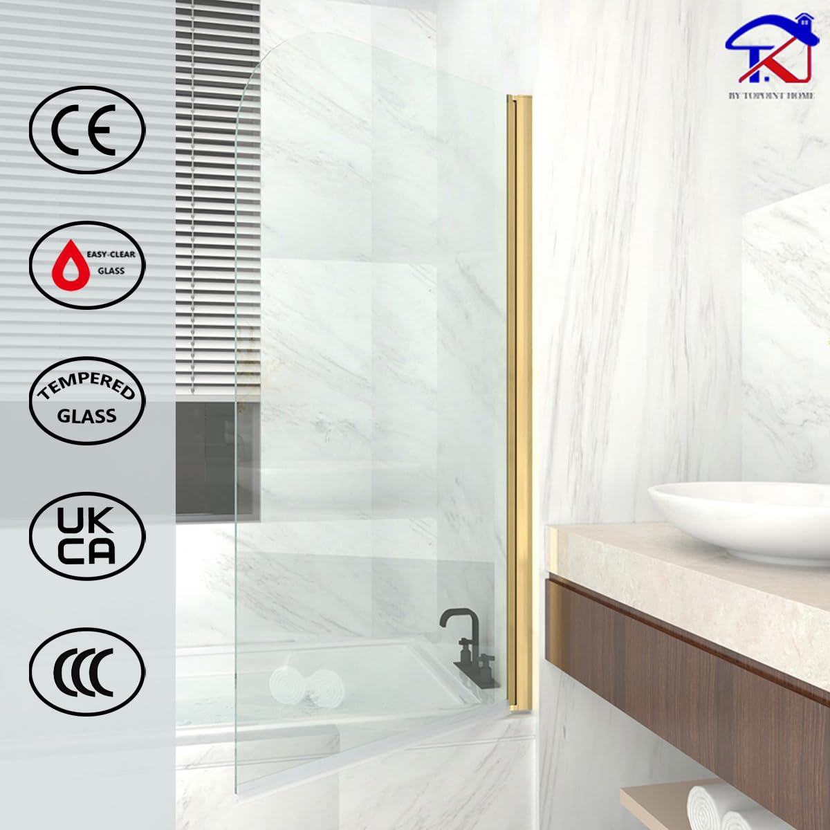 T&K Pare-bain pivotant 800 x 1400 mm pour douche avec bord arrondi doré en verre trempé de 5 mm à nettoyage facile des deux côtés pour salle de bain