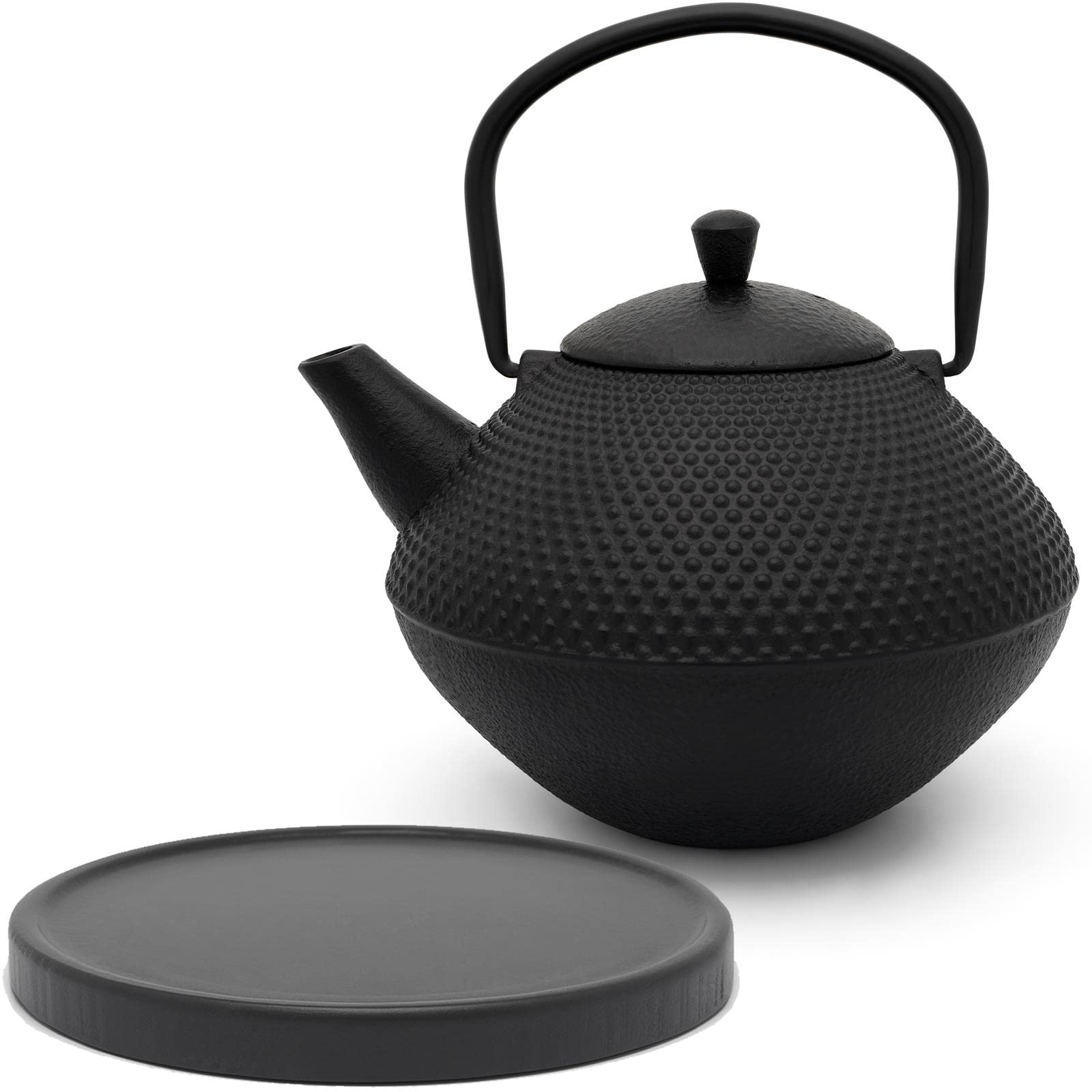 Bredemeijer Teekanne Set Gusseisen 1.0 Liter - mit Edelstahl Tee-Filter Sieb-Einsatz - schwarzem Holz Untersetzer - 2-teiliges Teeset für losen Tee