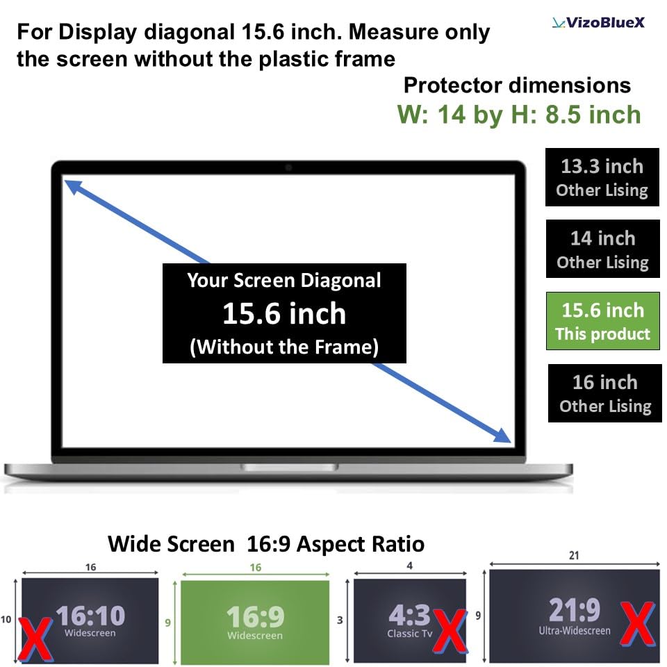 Image of VizoBlueX - 15.6 inch Diagonal Blue Light Blocking Screen Protector Filter. Panel LED PC Laptop Anti-UV Eye Protection Panel Cover - Widescreen Laptop Frame Hanging Type (W 14 inch X H 8.6 inch)