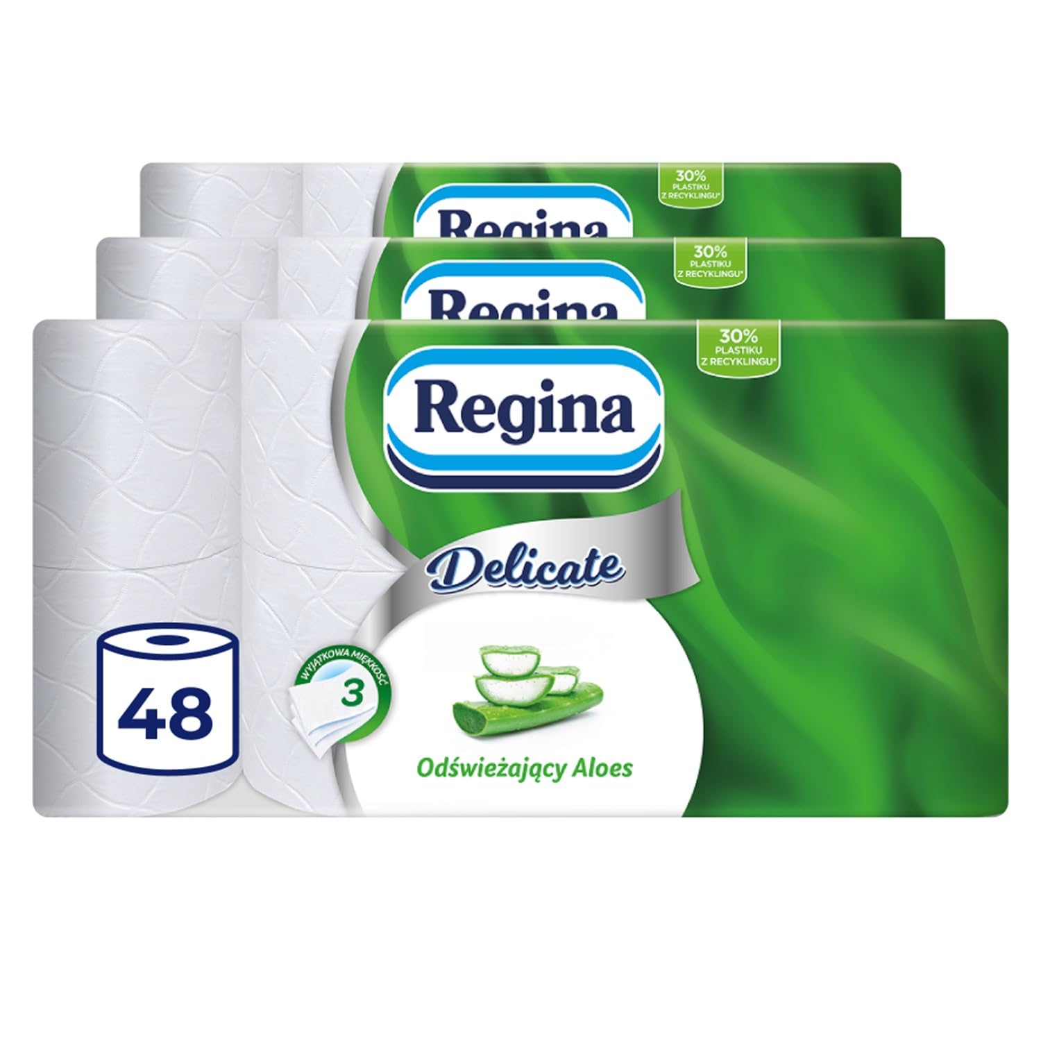 Regina Delicate Aloe Vera Papier Toaletowy, 48 Rolek po 150 Listków, Odświeżający Aloes, 3-Warstwowy, Miękki i Trwały, Wzbogacony Balsamem z Aloesu, Certyfikat FSC, Atest NIZP-PZH