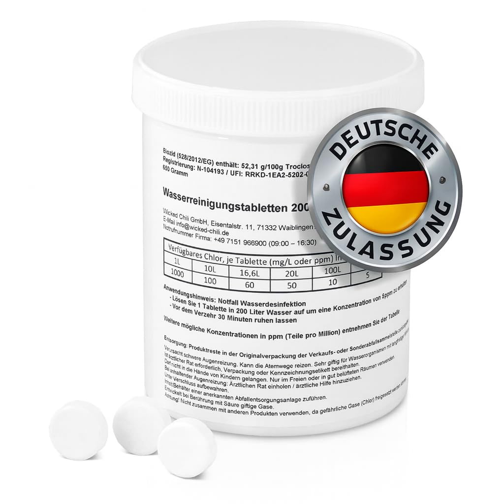 Wicked Chili Wassertank Reiniger Wohnmobil (200 Tabletten) - Tankvolumen 20 bis 40.000 Liter - Frischwassertank Reiniger - hochwirksamer Tankreiniger zur Entkeimung und Notfall Trinkwasser Erzeugung