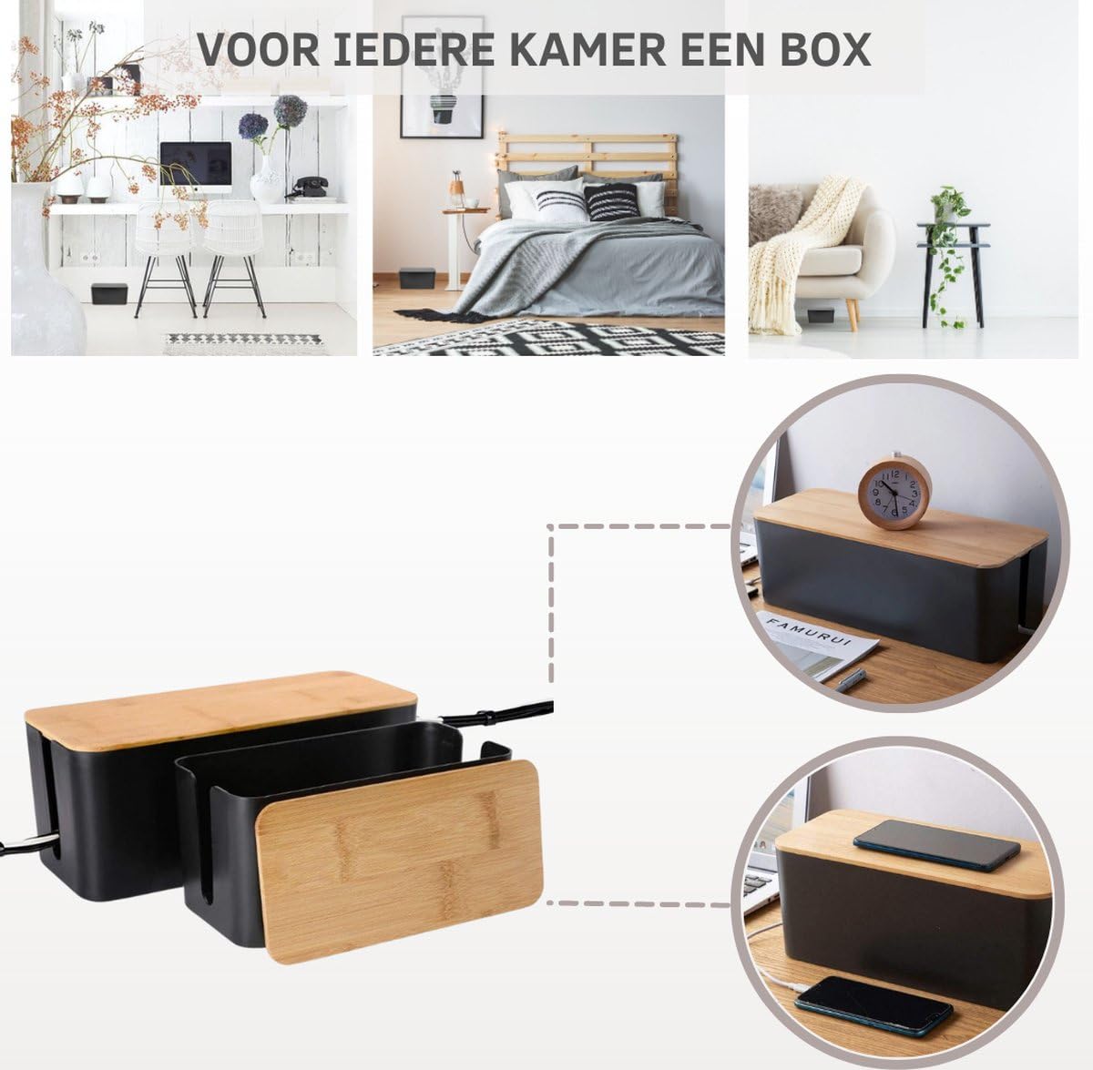 BUDDLEY Caja de cables de bambú (SET), caja de cables, caja de almacenamiento de cables, regleta de cables, gestión de cables, organizador de cables, escritorio, caja de cables, regleta CableBox