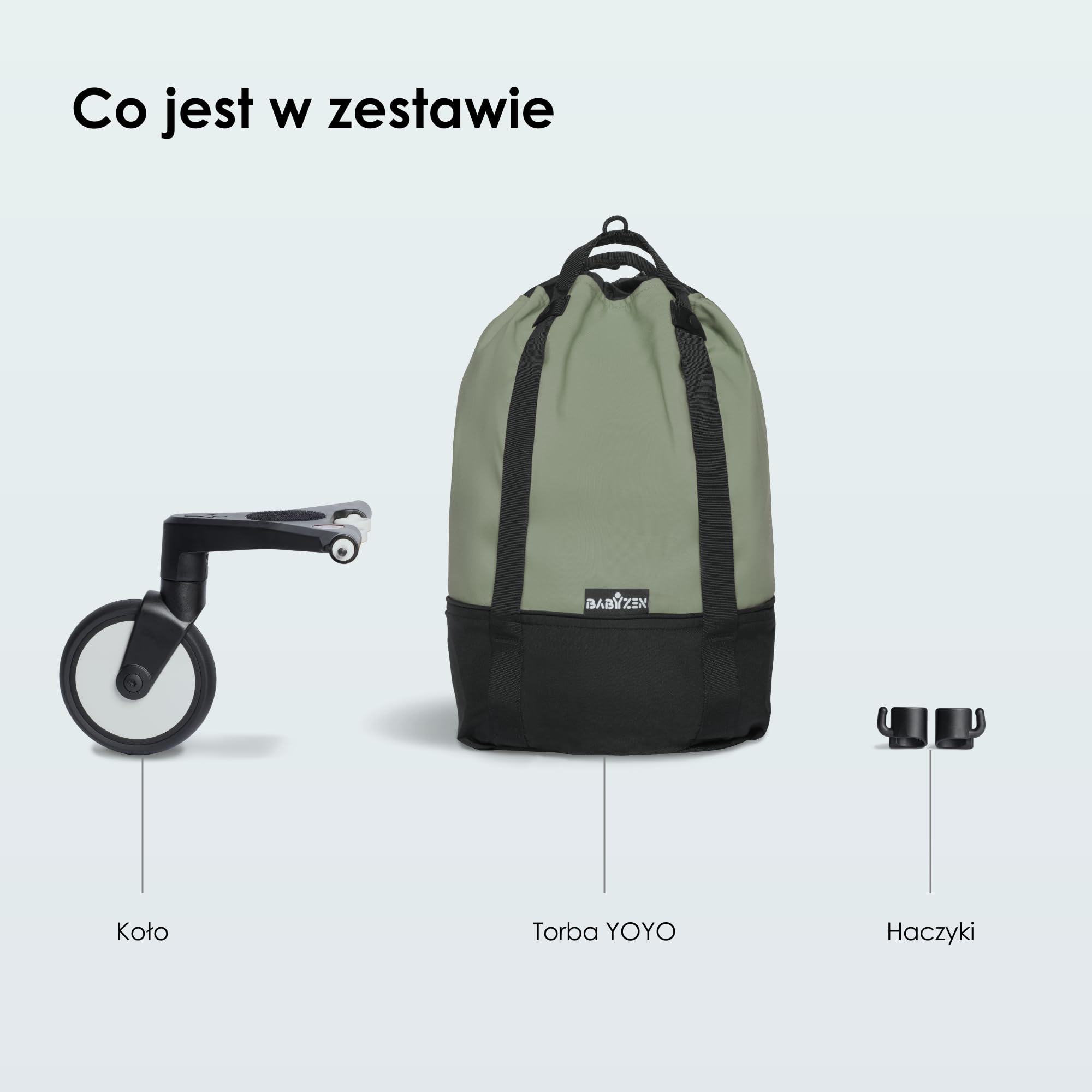 Torba BABYZEN YOYO, Oliwkowa - zapewnia dodatkowe, solidne miejsce do przechowywania rzeczy na wózku YOYO2 - zawiera koło i haczyki