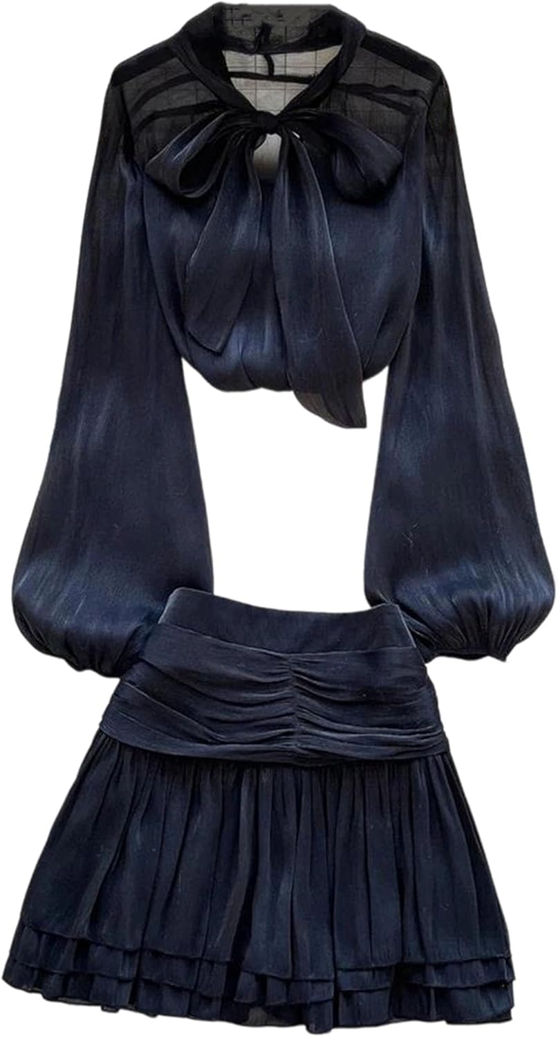 Women's O-Neck Full Sleeve Pullover Bow Draped Pleated Skirt Suit Sets Classic Vintage Outfit for Daily Wear