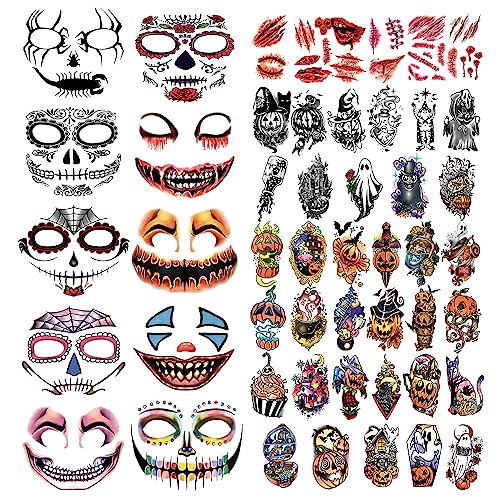 50 Sheets Halloween Temporary Tattoo Family Set Day of Dead Pumpkin Ghost for Women Black Fake Death Skull Floral Skeleton Tatoos for Men Boy Girl Halloween Zombie Makeup Tattoo Party Favor Supplies