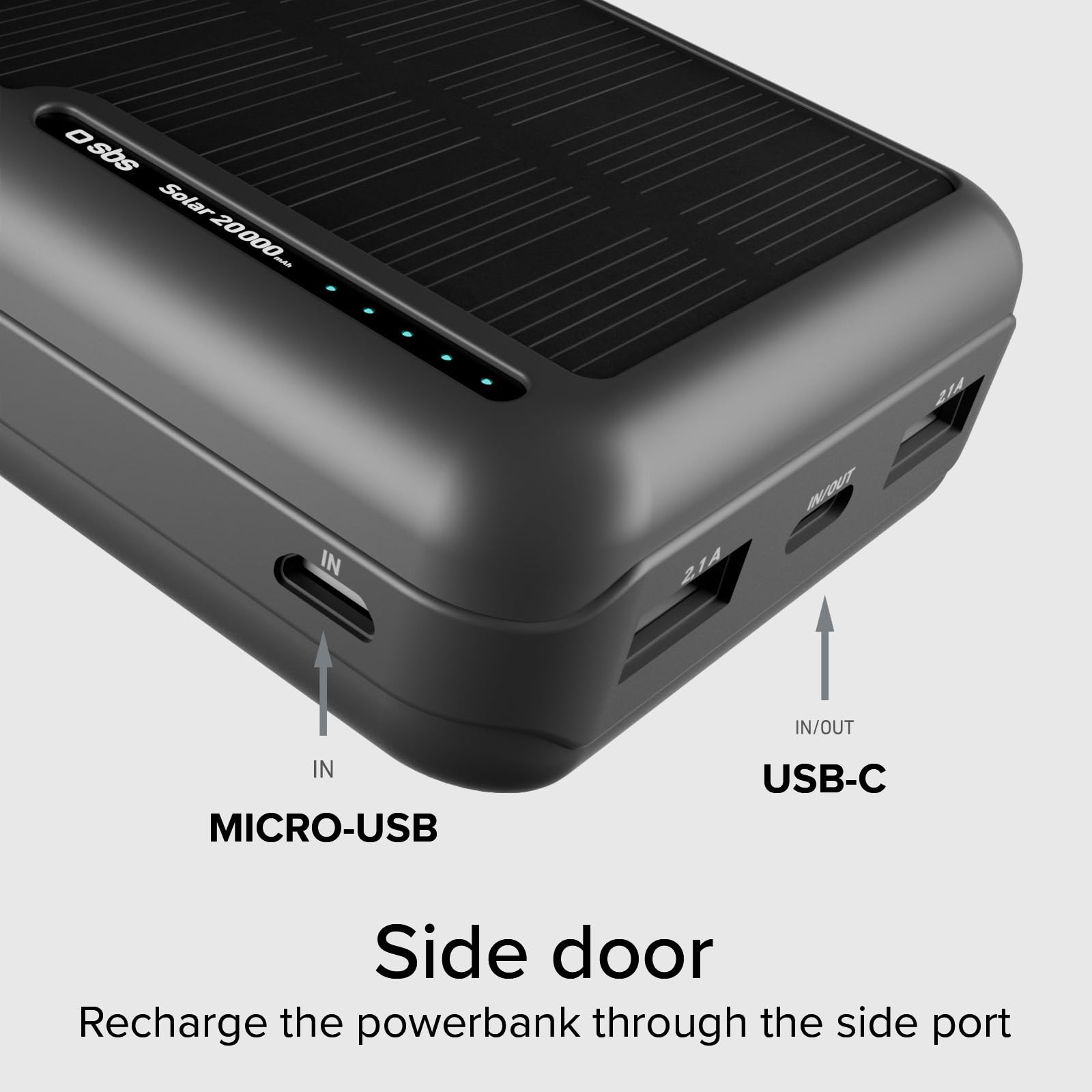 SBS Solar PowerBank, 20.000mAh, Power Bank con Pannello Solare, Ricarica Rapida, Intelligent Charge (IC), LED di Carica, USB-C, USB-A, Caricabatterie Portatile da Viaggio, Design Compatto, Nero