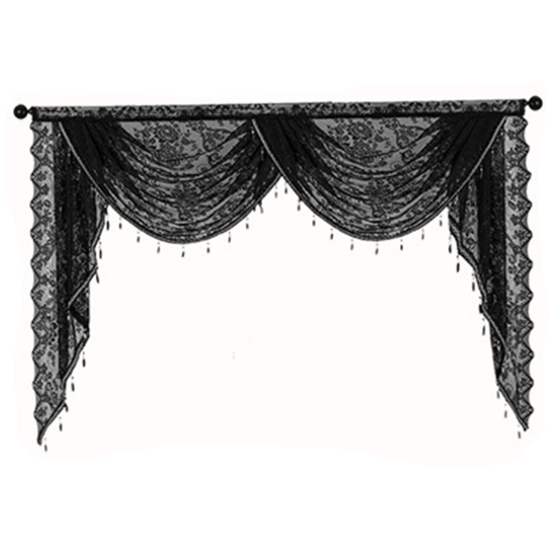 AZIDWERYQ Waterfall Valance with Bead Tassels 59x41 Vintage Floral Black Lace Curtains Semi Sheer Rod Pocket Gothic Curtain for Halloween, Bedroom, Living Room Lace Valance