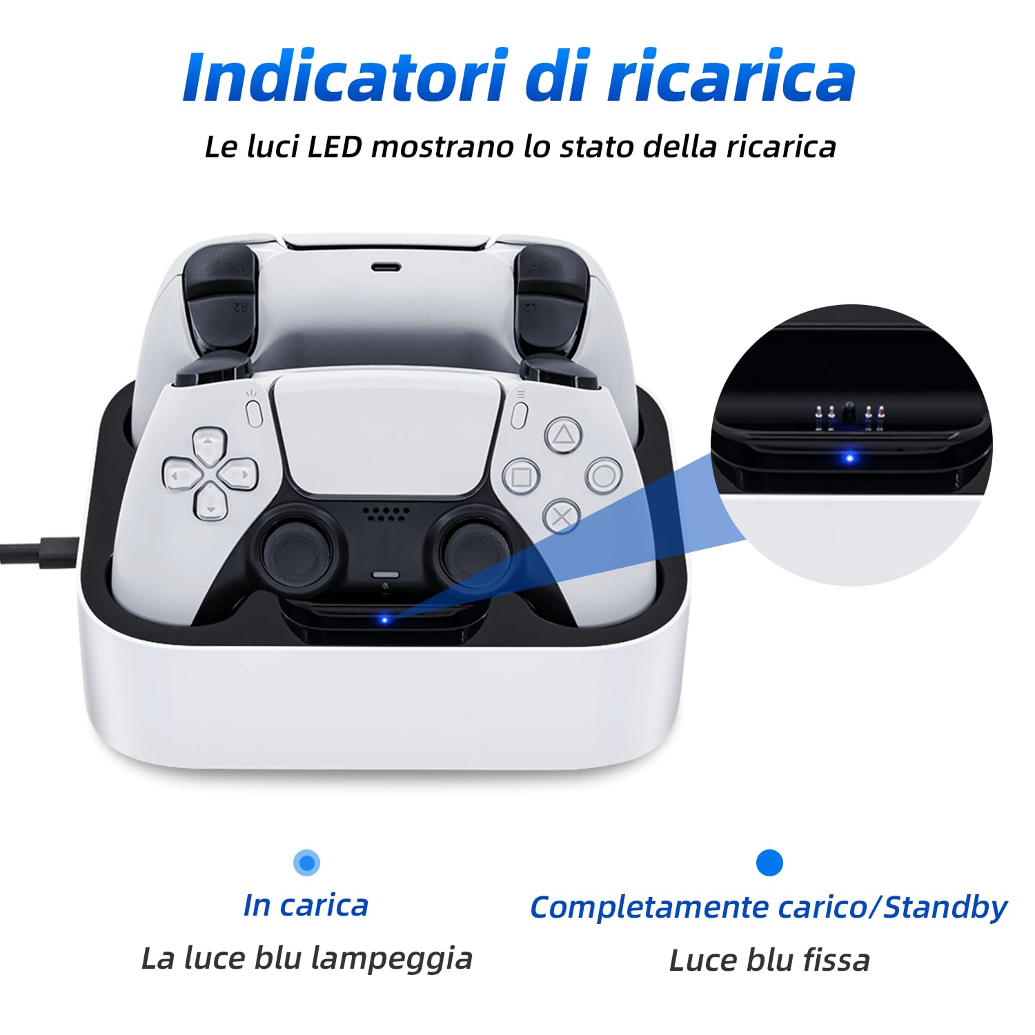 Caricatore Joystick per PS5, Docking Station di Base Ricarica per Accessori per Playstation 5 DualSense Controller con Indicatori Luminosi a LED/Carica Rapida/Protezione da Cortocircuito