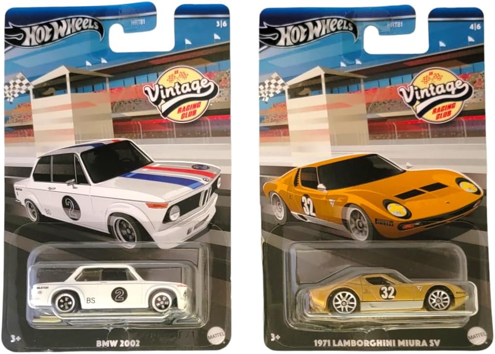 Hot Wheels 2024 Vintage Racing Club – Bundle of 2 (HRT81‑956A) | BMW 2002 & Lamborghini Miura SV | 1:64 Die‑Cast Collector Cars – Ages 3+