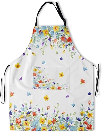 Delantal floral de acuarela para mujer con 2 bolsillos, colorido arte floral, delantal impermeable, 28 x 33 pulgadas