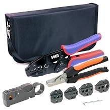 HKS Coax Ratchet Crimping Tool Kit for Coaxial RG Cable RF Connector with 5 Changeable Dies, Rotary Coaxial Cable Stripper/Cutter and Stripper/Cutter Piler