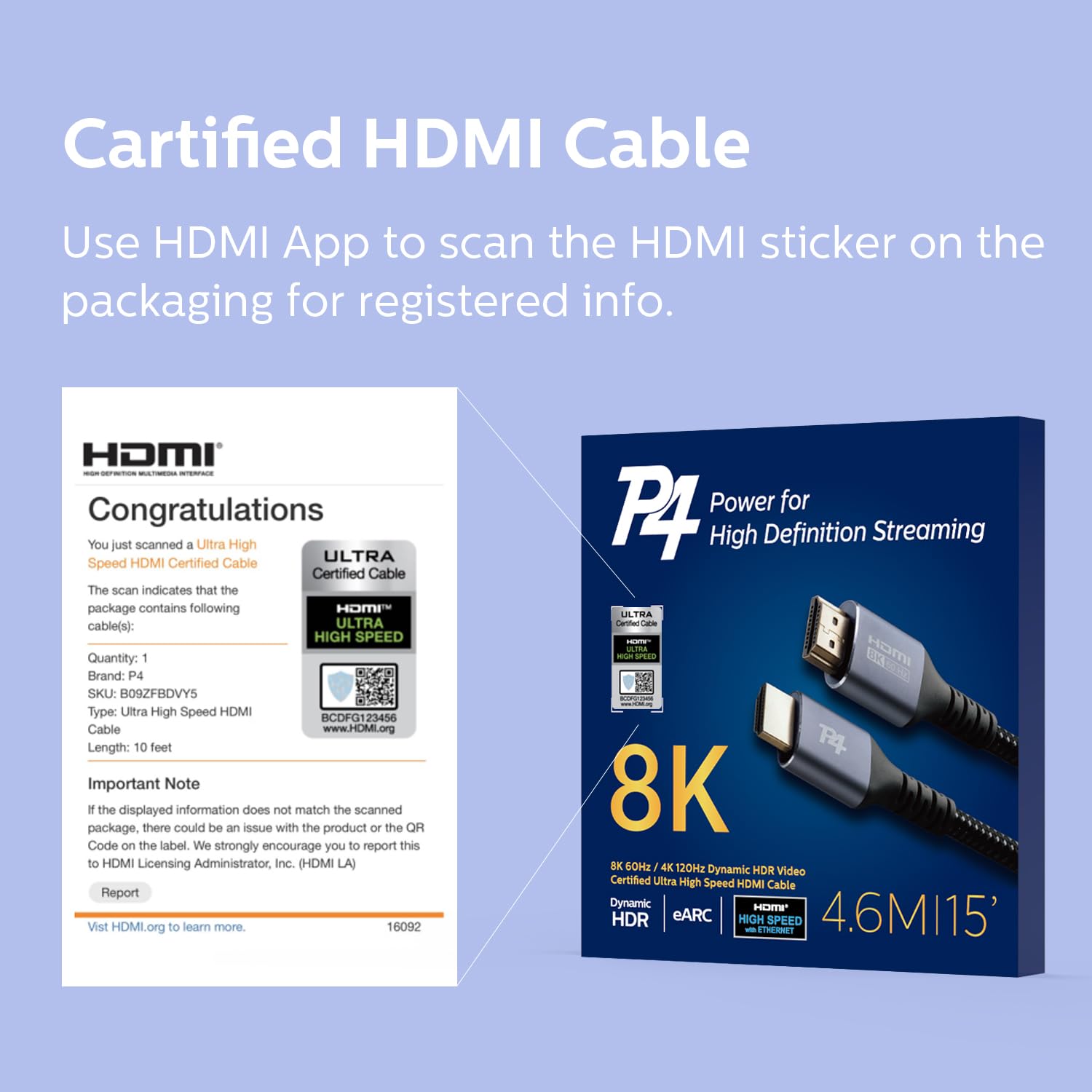 P4 Immergiti nella brillantezza 8K! Cavo HDMI certificato 2.1 da 15 m - Ultra High Speed, intrecciato, 8K@60Hz, 4K@120Hz, eARC, HDR10+, Atmos - Perfetto per Apple TV, Roku, Netflix, PS5 e altro!..