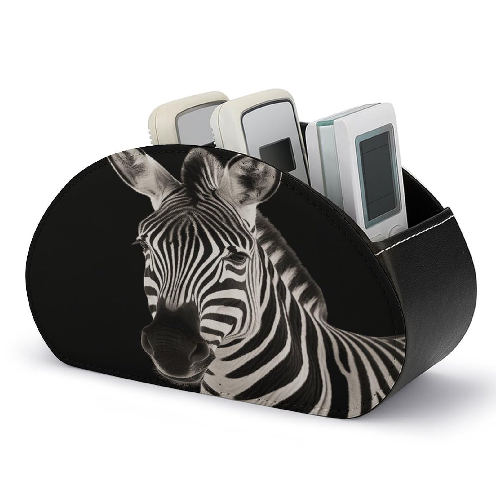 LZQPOEAS Zebra Remote Control Holder Desk Storage Organizer Box Container Remote Storage Box with 5 Compartments PU Leather Remote Caddy for Home Bedside Table Organizer