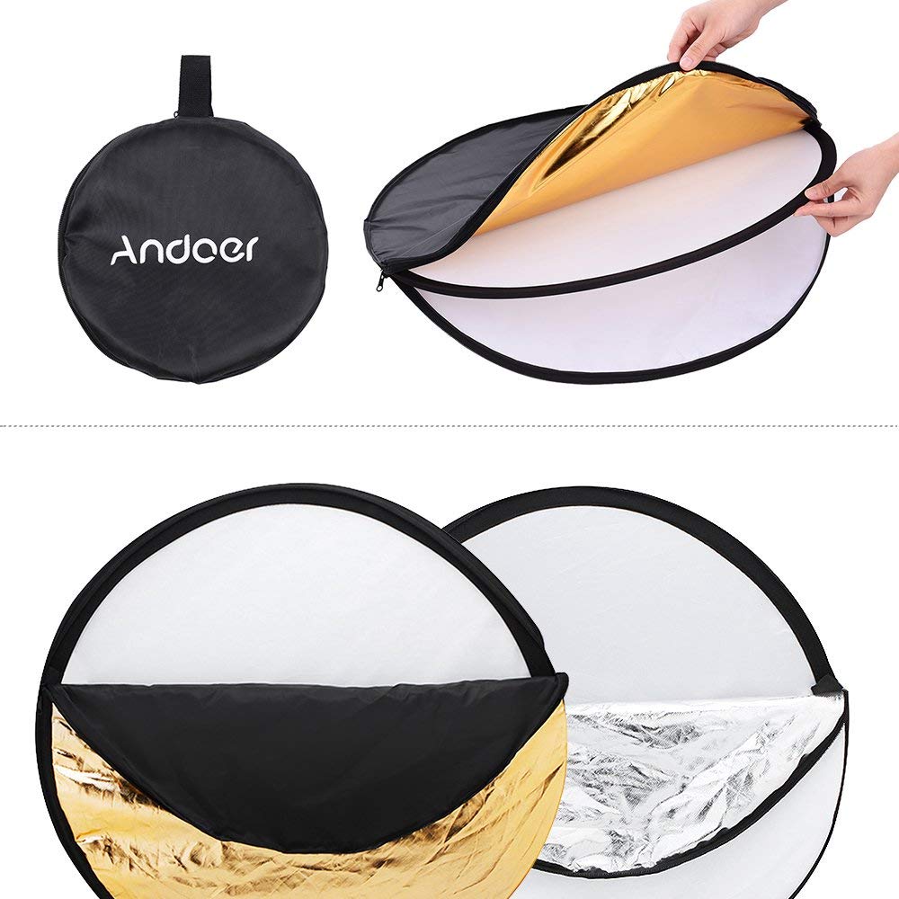 Andoer Disco Riflettente Fotografia Pannello Foto Pieghevole 24" 60Cm 5 In 1 (Oro Argento Bianco Nero Trasparente) Multi Portatile Pieghevole Fotografia Studio Foto Luce Riflettore Disco