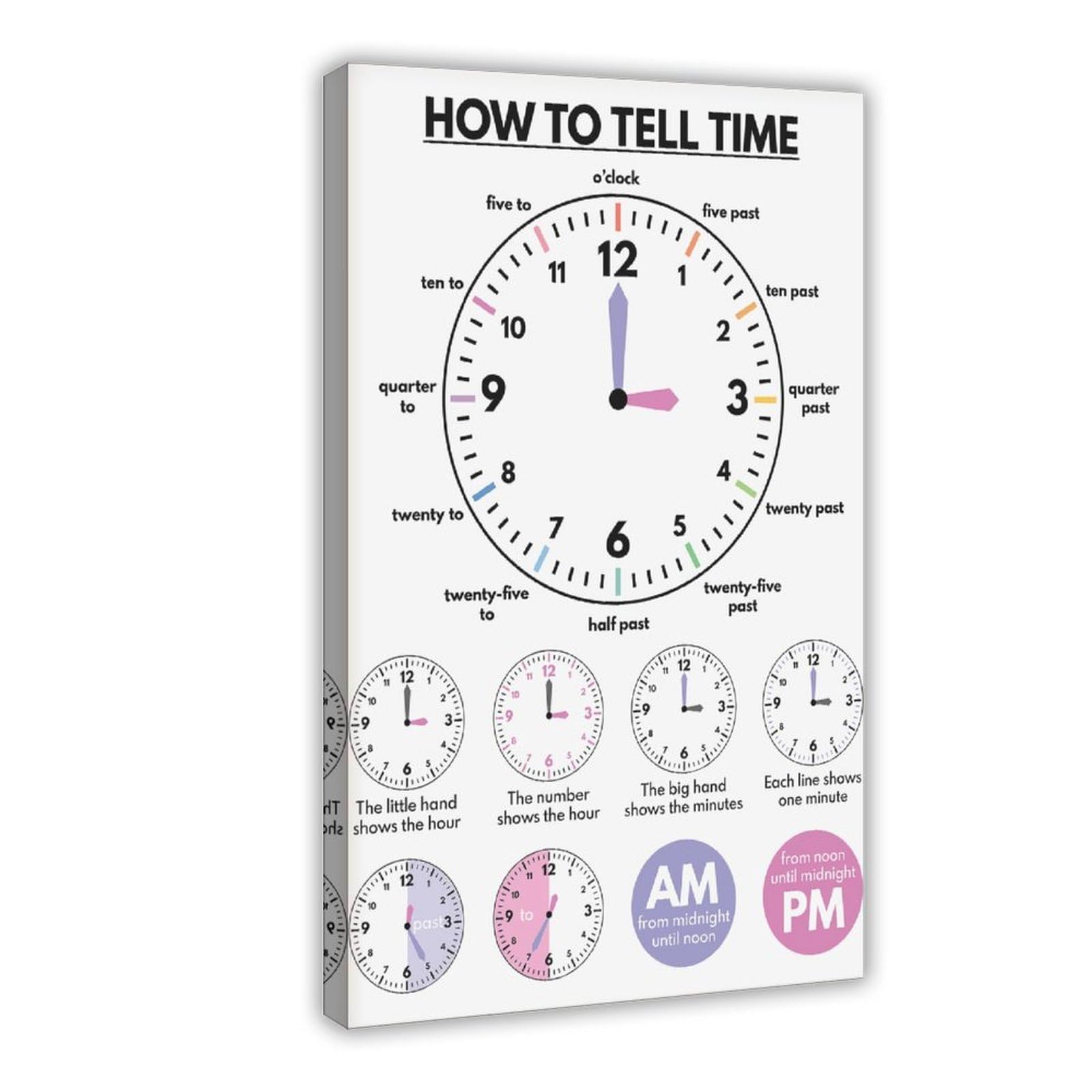 MGDUJGH Wandkunst, Poster und Drucke, Motiv: "How to Tell Time Education What Time Is It", Lernuhr, Lehrwerkzeug, Klassenzimmer, Kunstdruck, Poster und Drucke, Raumdekoration, 30 x 45 cm