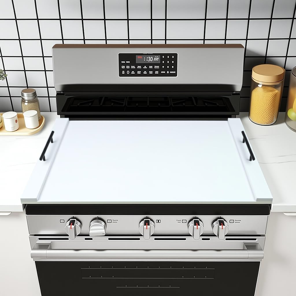 White Stove Top Cover | 30"x22" Modern Kitchen Counter Protector for Gas Stoves, Noodle Board with Handles (Easy Clean)