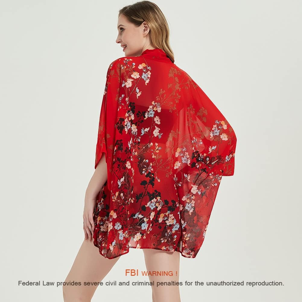 Women's Loose Print Sheer Chiffon Kimono Beach Swim Cover up Cardigan Capes Blouse Tops - Image 4