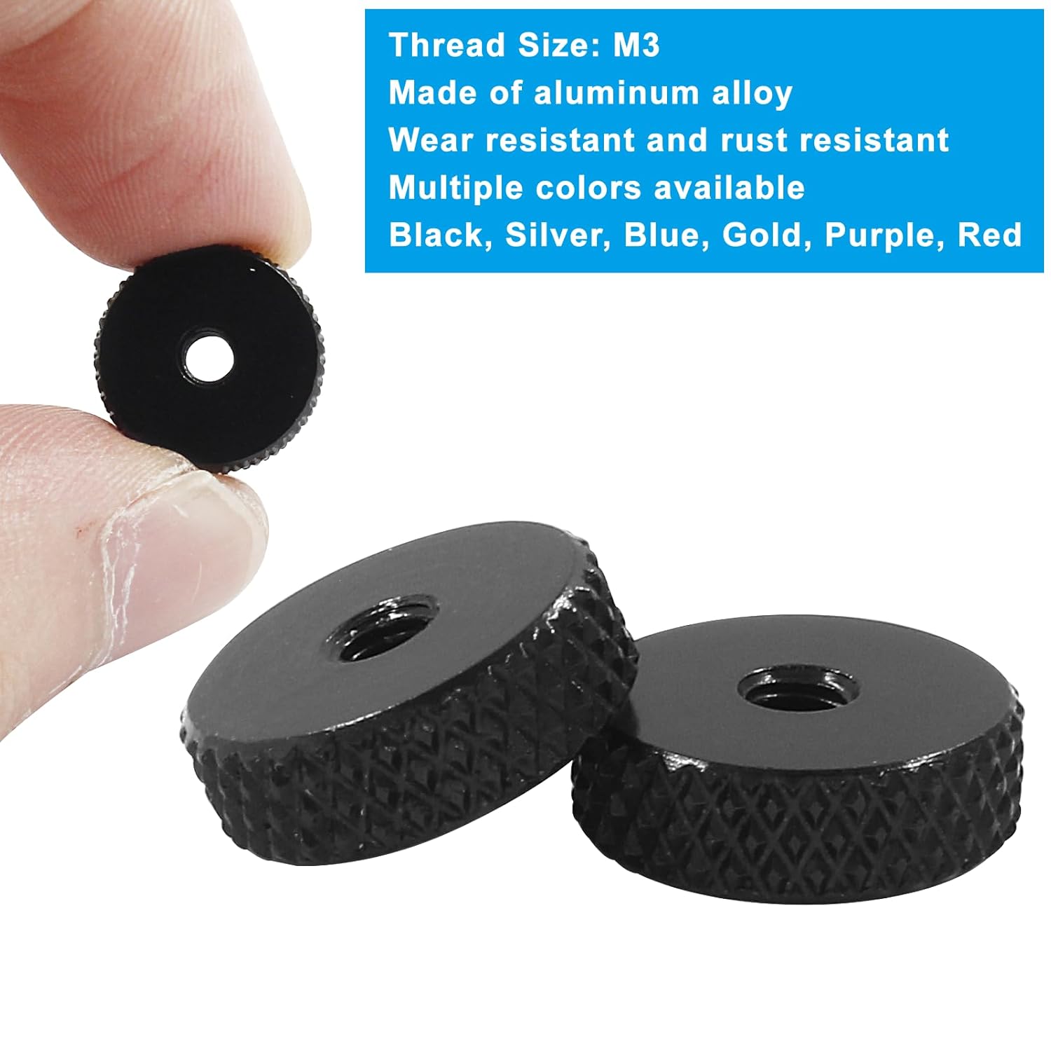 Hitefu 5PCS M3 Flat Knurled Nut, Aluminum Alloy 12mm x 4mm Knurled Thumb Nut, Thumb Thin Nut, Black